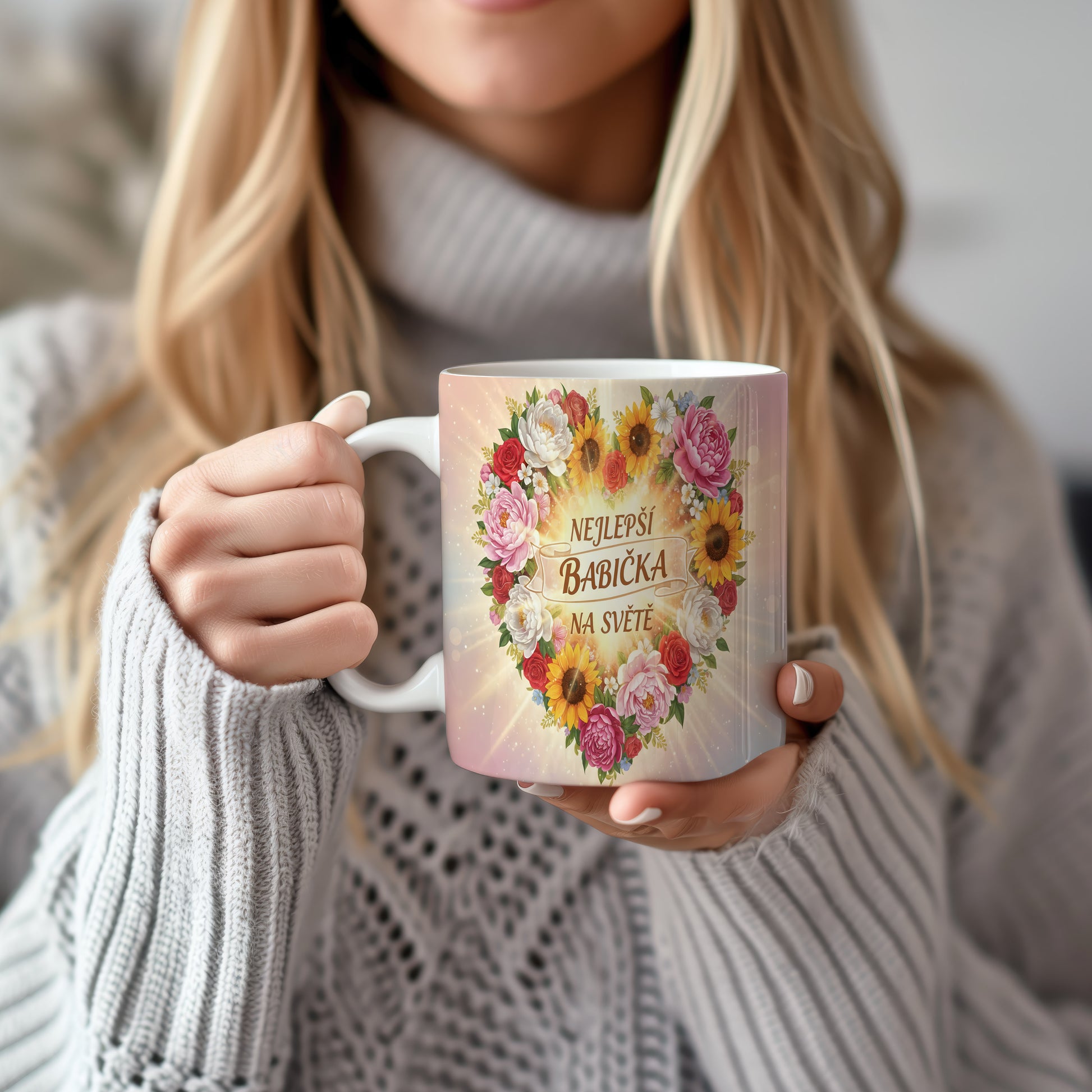 Hrnek s květinovým motivem a nápisem NEJLEPŠÍ BABIČKA NA SVĚTĚ.
