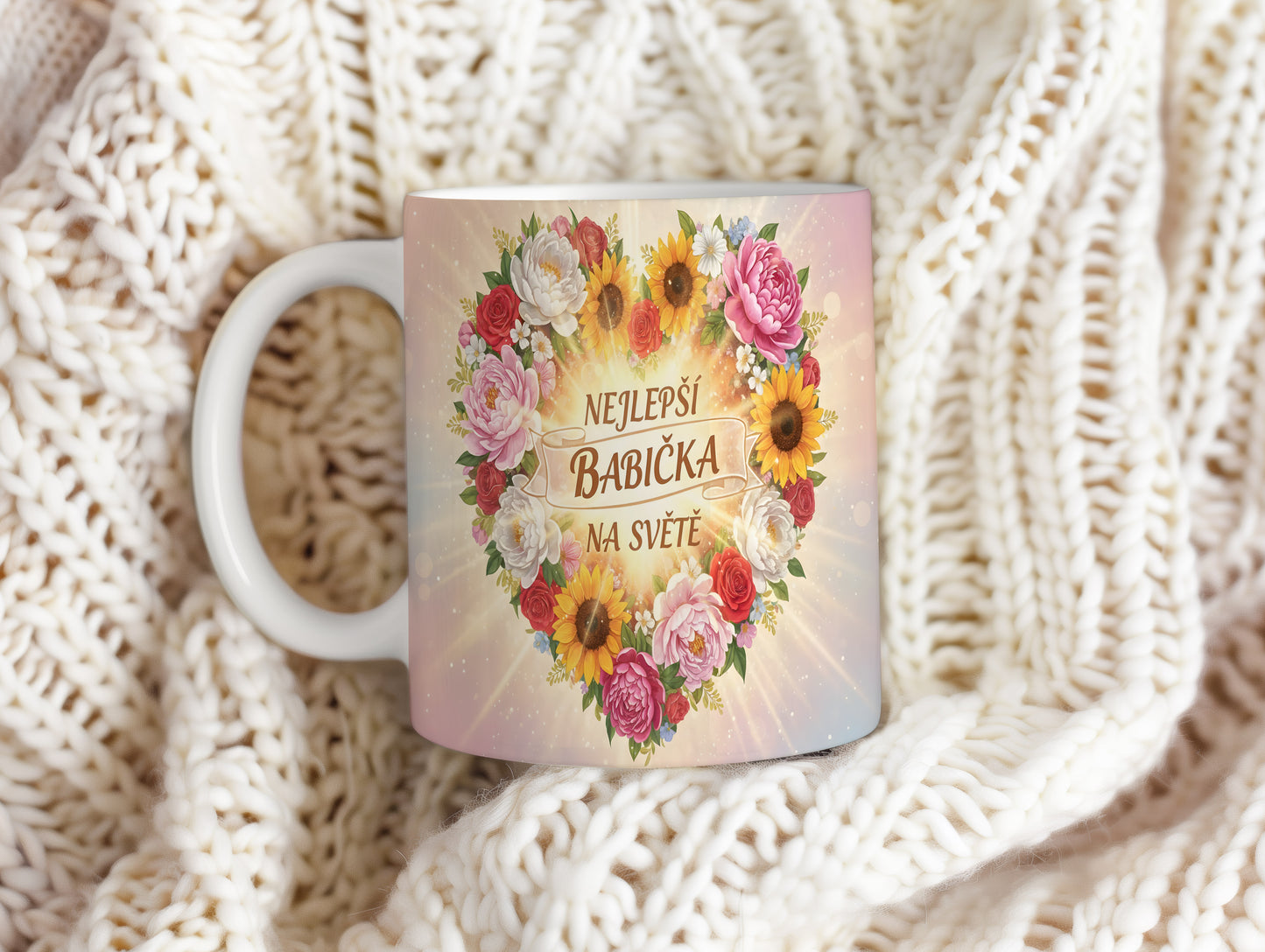 Hrnek s květinovým motivem a nápisem NEJLEPŠÍ BABIČKA NA SVĚTĚ.