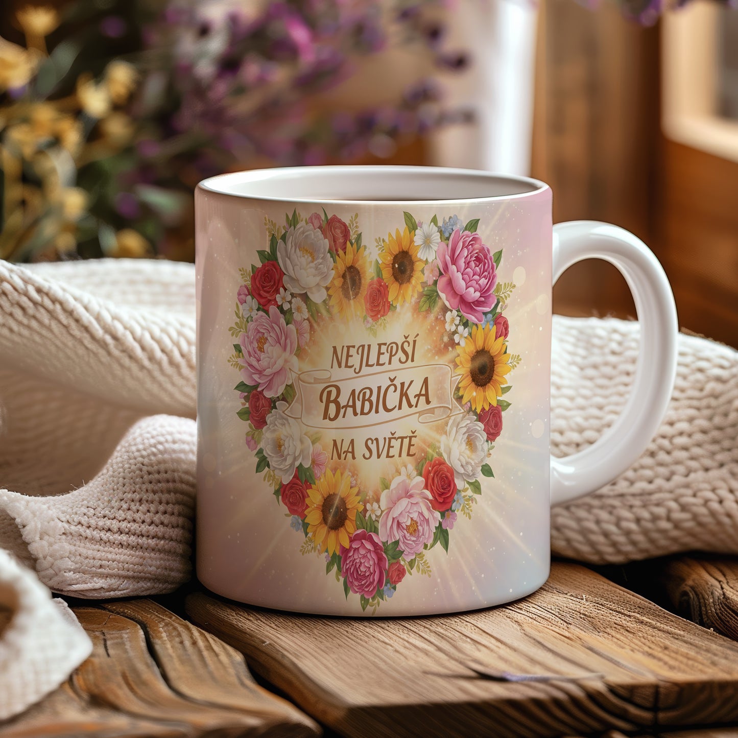 Hrnek s květinovým motivem a nápisem NEJLEPŠÍ BABIČKA NA SVĚTĚ.