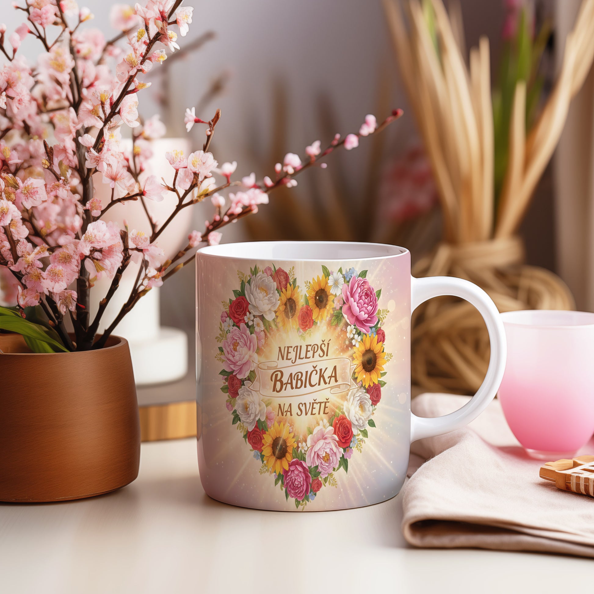 Hrnek s květinovým motivem a nápisem NEJLEPŠÍ BABIČKA NA SVĚTĚ.