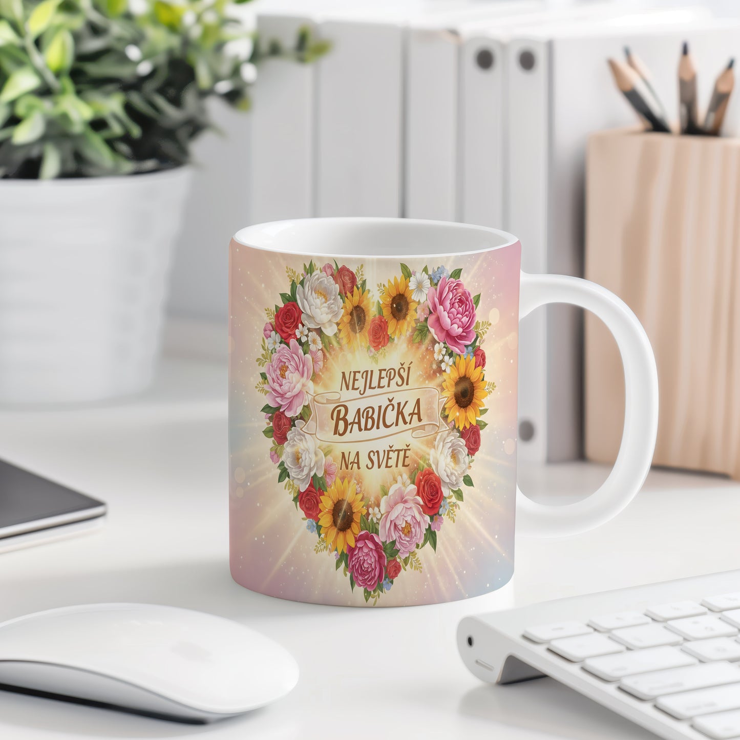 Hrnek s květinovým motivem a nápisem NEJLEPŠÍ BABIČKA NA SVĚTĚ.