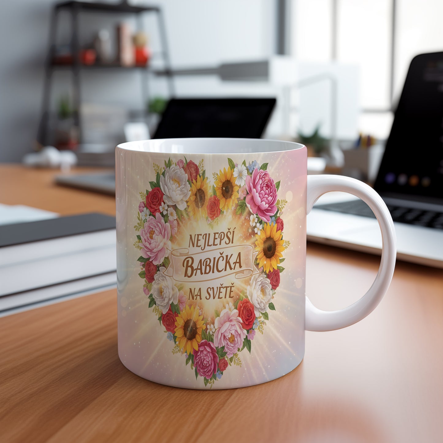Hrnek s květinovým motivem a nápisem NEJLEPŠÍ BABIČKA NA SVĚTĚ.