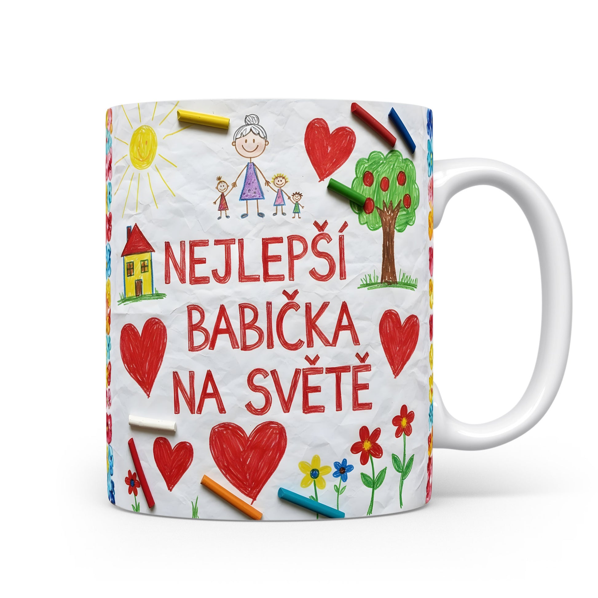 Hrnek s dětskými kresbami a nápisem NEJLEPŠÍ BABIČKA NA SVĚTĚ.