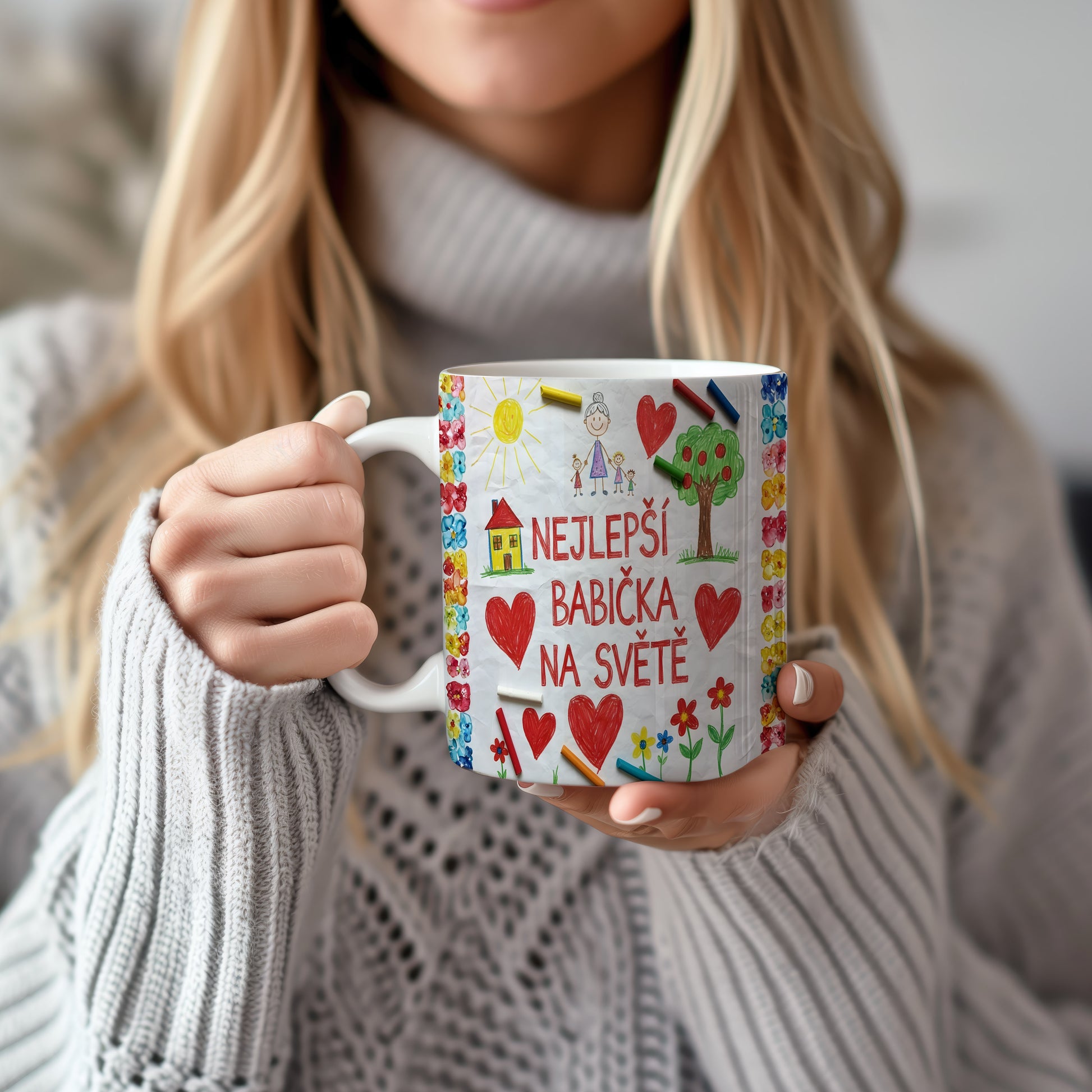 Hrnek s dětskými kresbami a nápisem NEJLEPŠÍ BABIČKA NA SVĚTĚ.