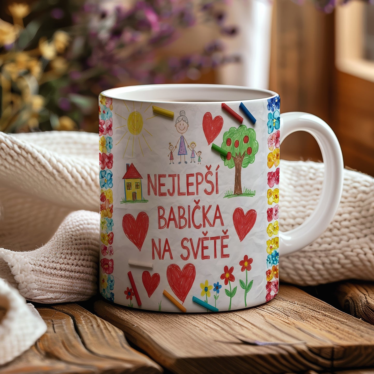 Hrnek s dětskými kresbami a nápisem NEJLEPŠÍ BABIČKA NA SVĚTĚ.