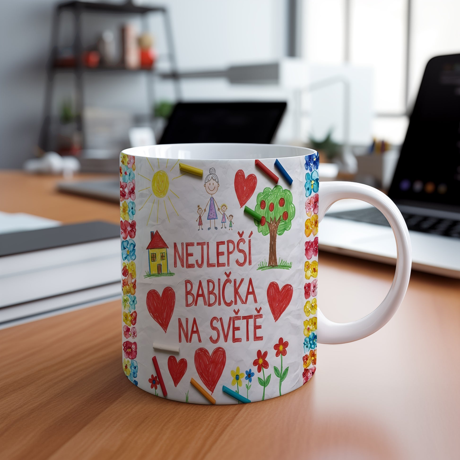 Hrnek s dětskými kresbami a nápisem NEJLEPŠÍ BABIČKA NA SVĚTĚ.