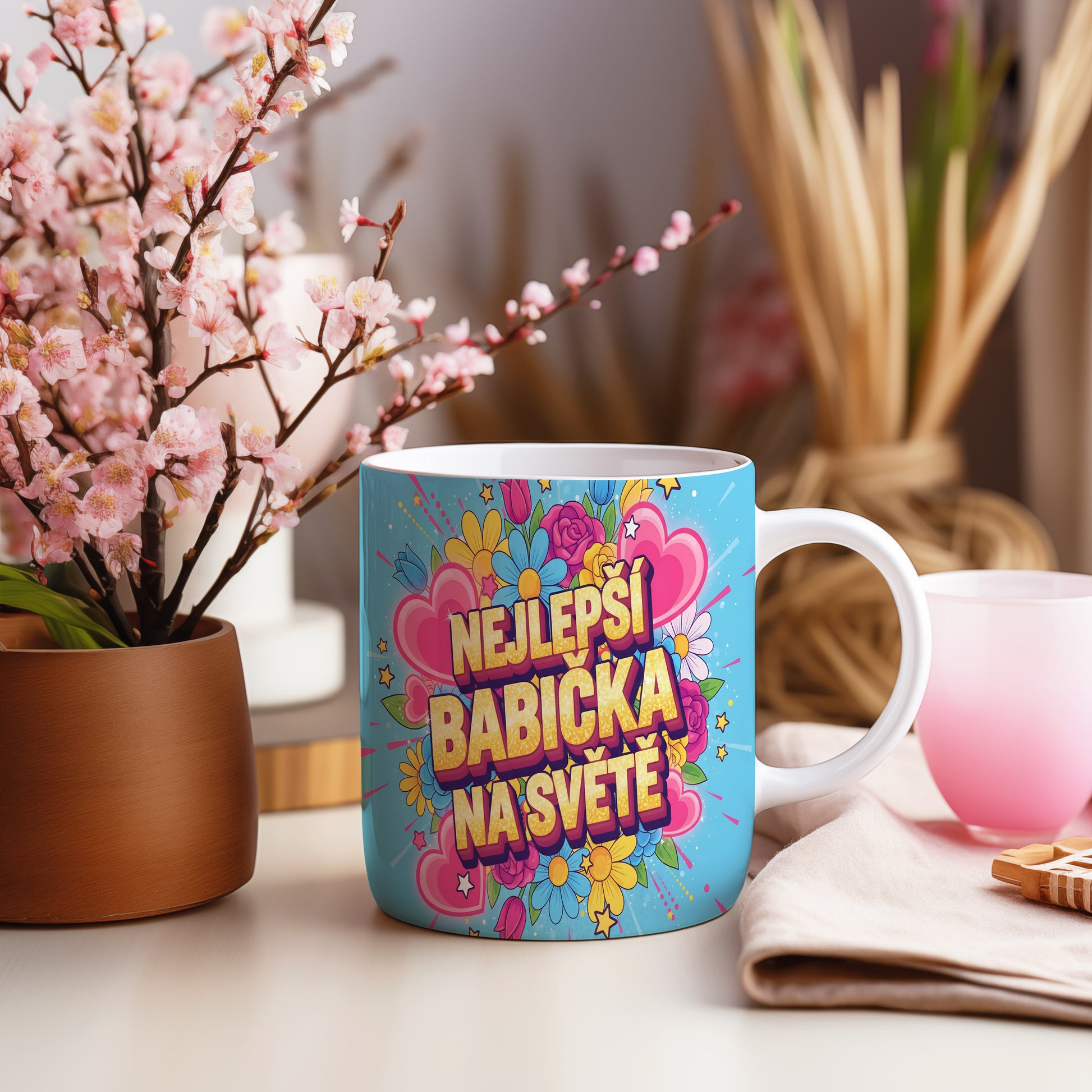 Hrnek s nápisem 'NEJLEPŠÍ BABIČKA NA SVĚTĚ', obklopený květinami a srdci.