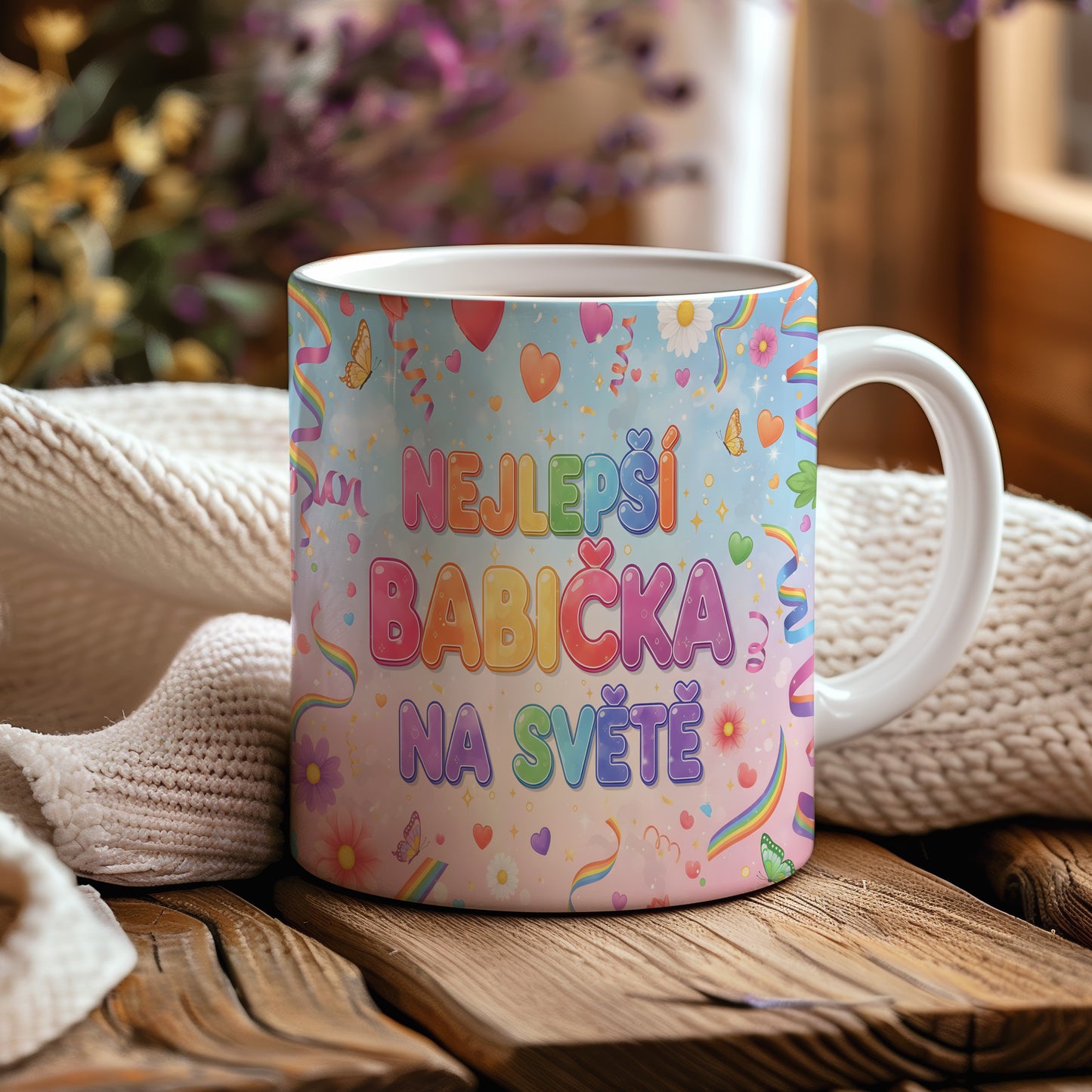 Hrnek s nápisem NEJLEPŠÍ BABIČKA NA SVĚTĚ a veselými motivy na pastelovém pozadí.