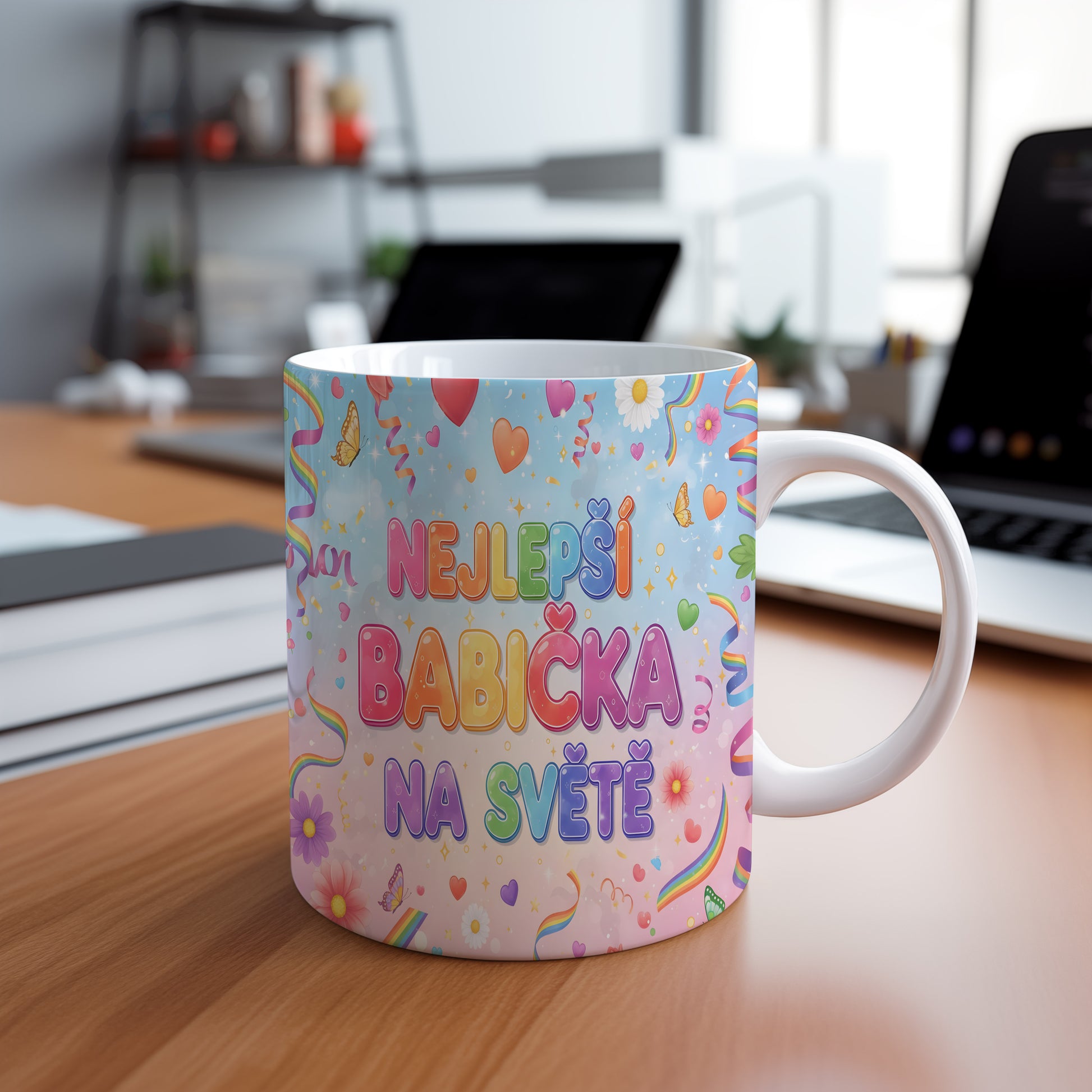 Hrnek s nápisem NEJLEPŠÍ BABIČKA NA SVĚTĚ a veselými motivy na pastelovém pozadí.