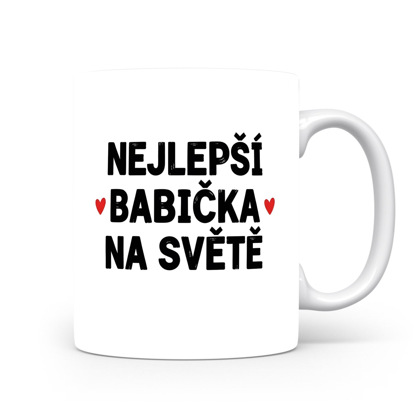Bílý hrnek s nápisem NEJLEPŠÍ BABIČKA NA SVĚTĚ a červenými srdíčky.