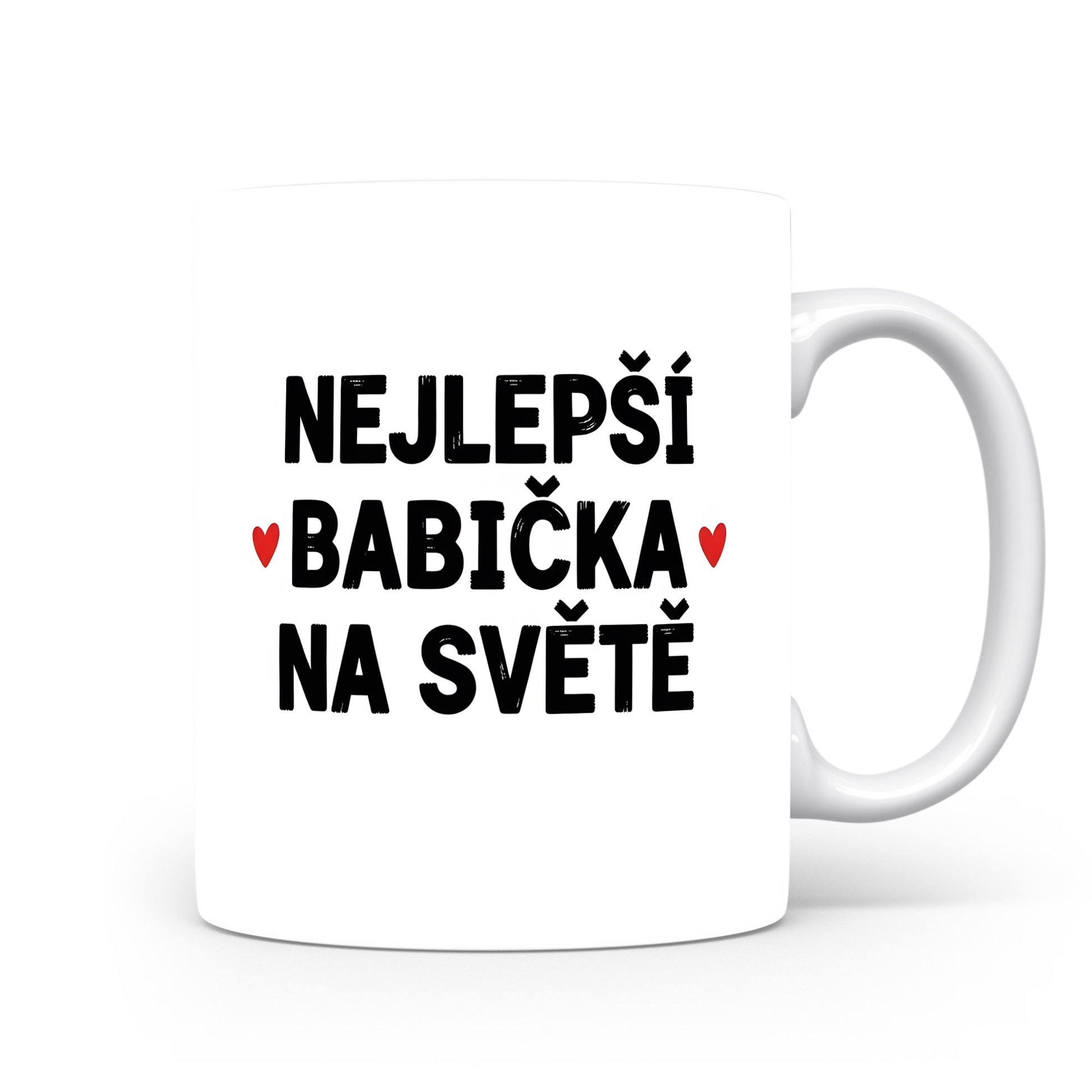 Bílý hrnek s nápisem NEJLEPŠÍ BABIČKA NA SVĚTĚ a červenými srdíčky.