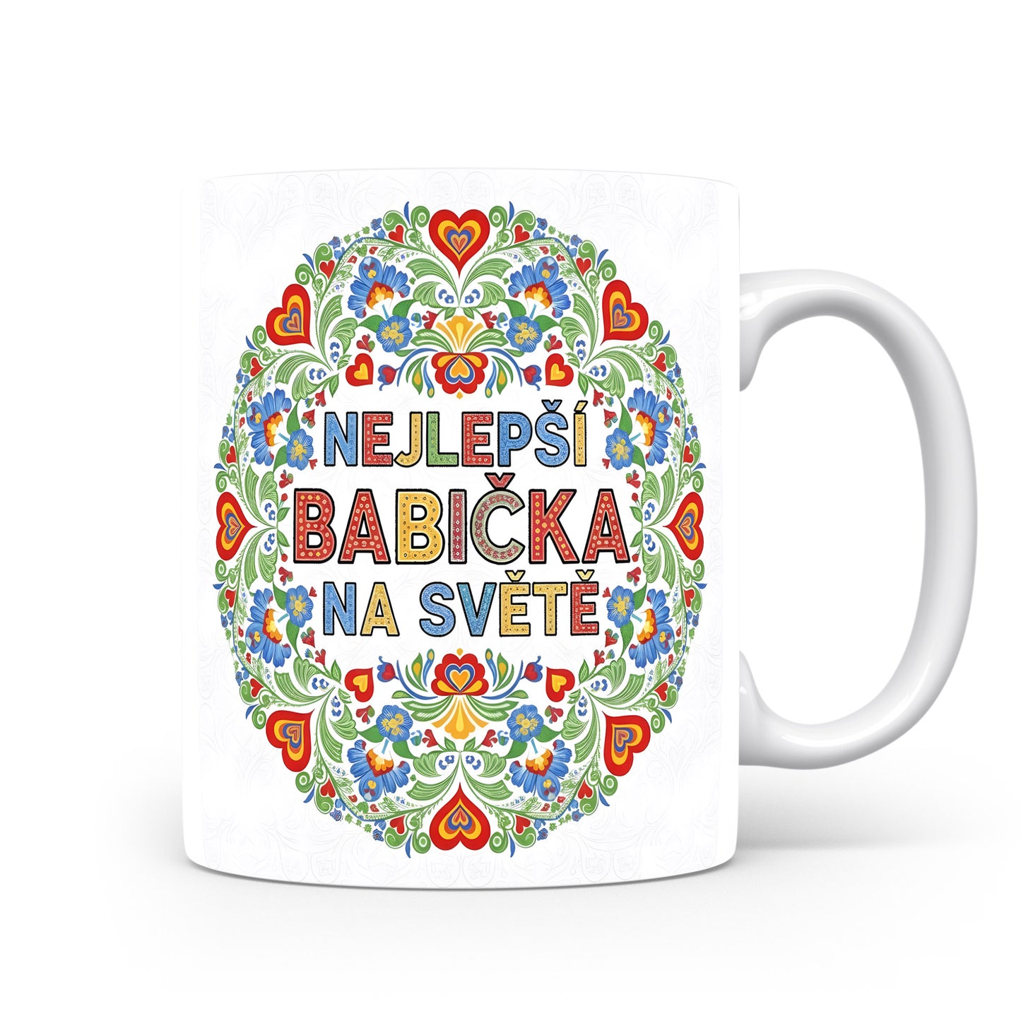 Hrnek s nápisem NEJLEPŠÍ BABIČKA NA SVĚTĚ a květinovými motivy.