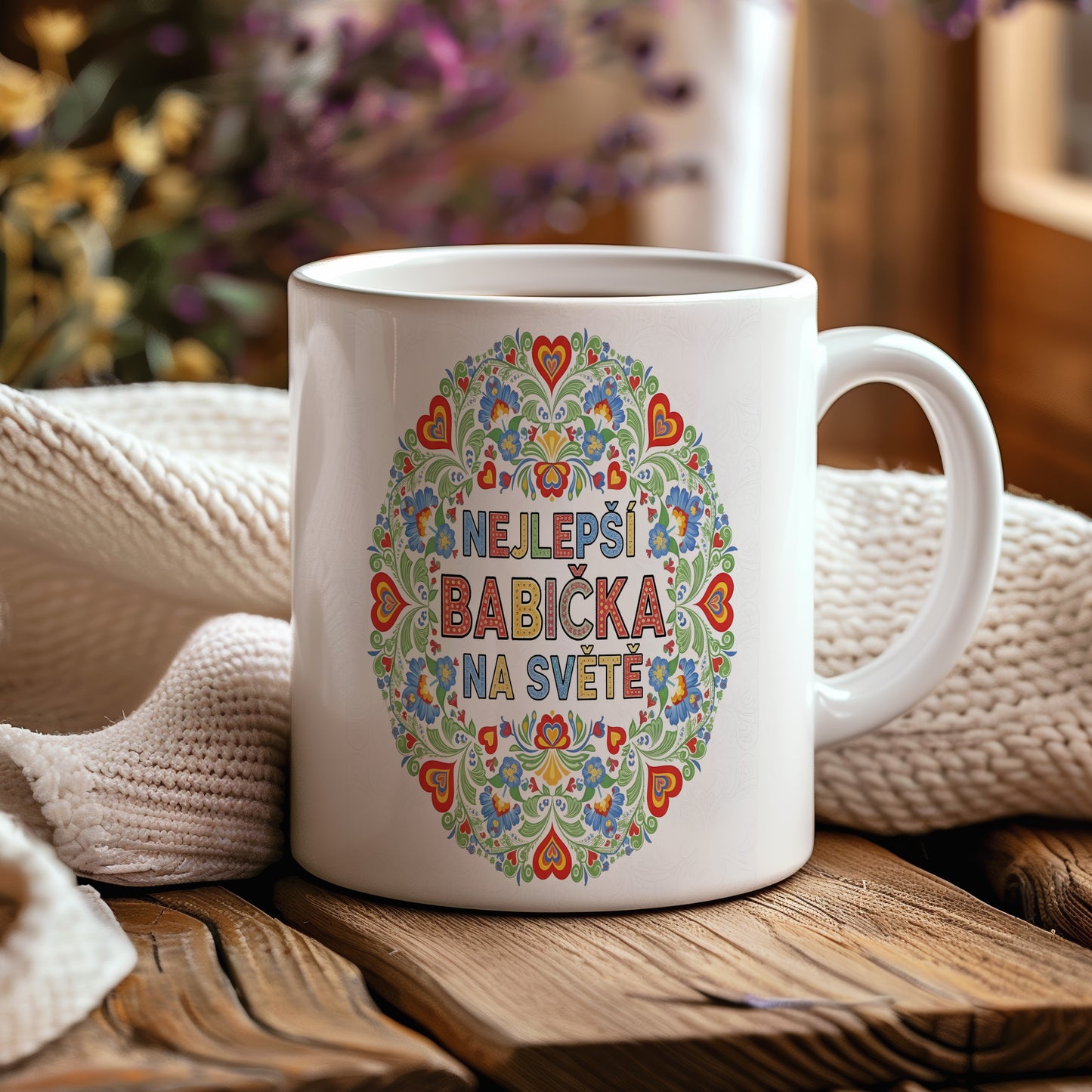 Hrnek s nápisem NEJLEPŠÍ BABIČKA NA SVĚTĚ a květinovými motivy.