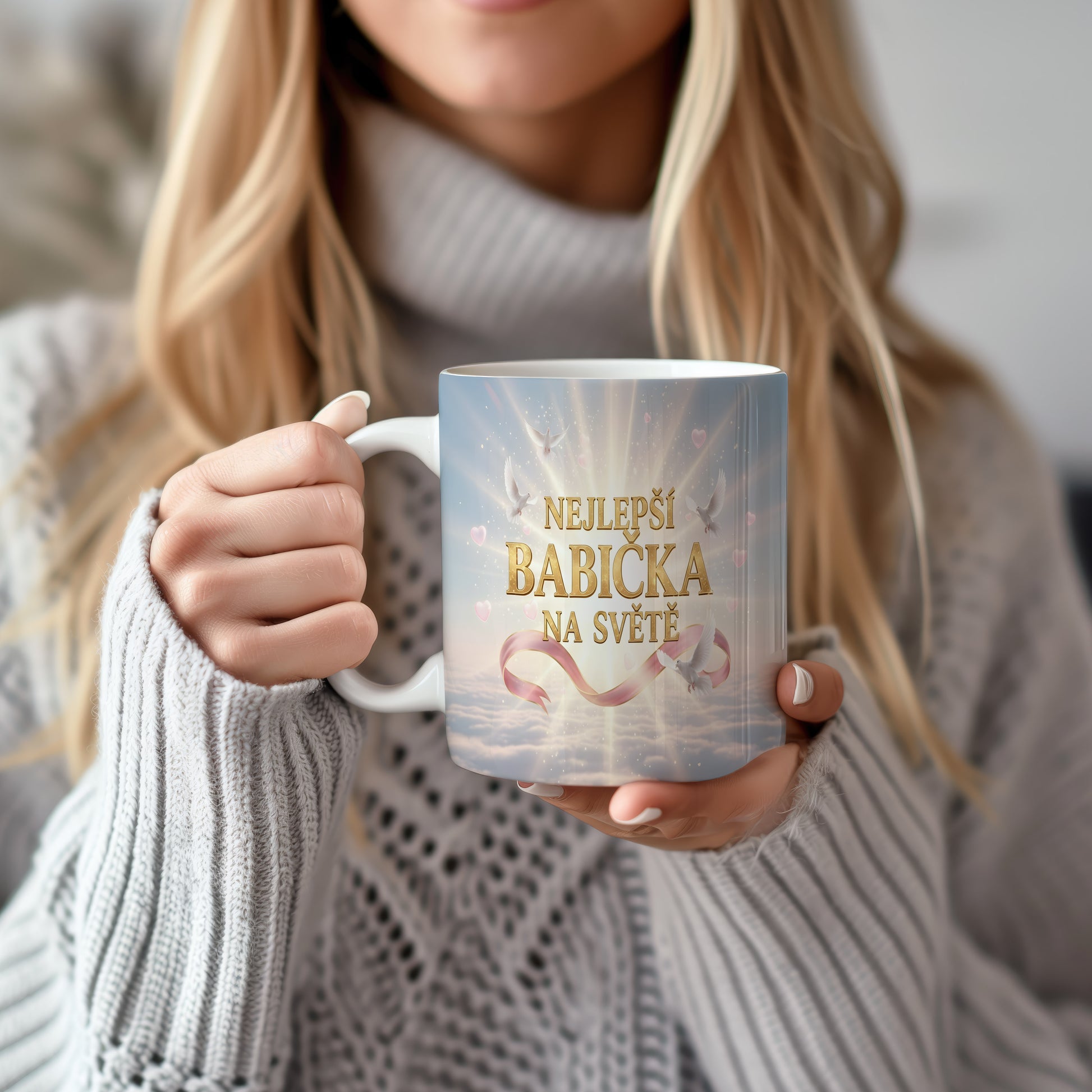 Hrnek s nápisem NEJLEPŠÍ BABIČKA NA SVĚTĚ a nebeským motivem.