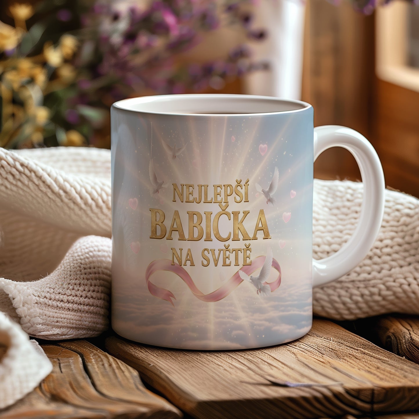 Hrnek s nápisem NEJLEPŠÍ BABIČKA NA SVĚTĚ a nebeským motivem.