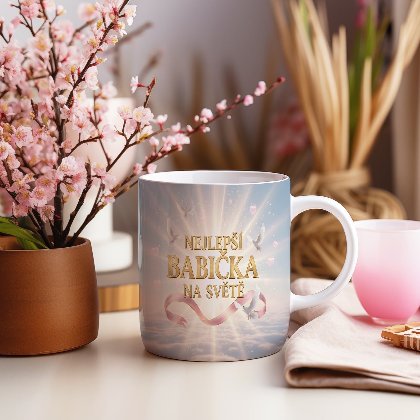 Hrnek s nápisem NEJLEPŠÍ BABIČKA NA SVĚTĚ a nebeským motivem.