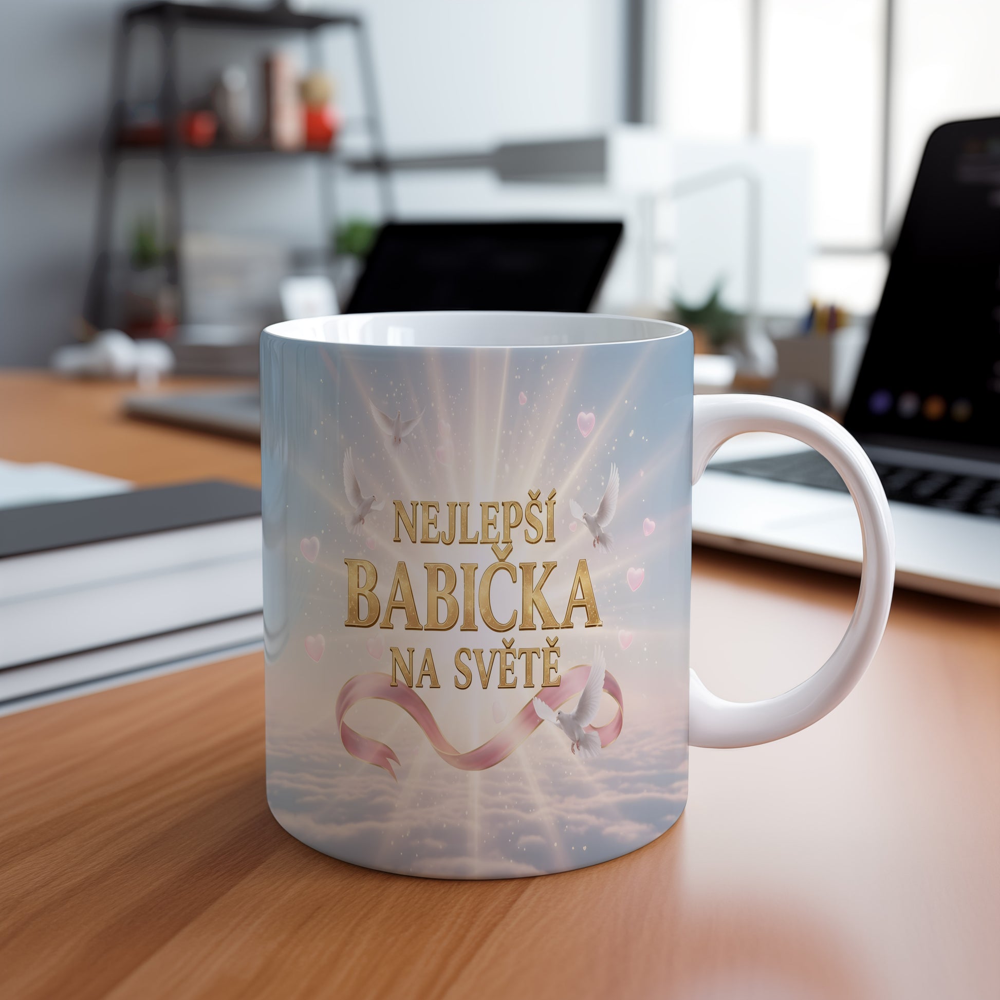 Hrnek s nápisem NEJLEPŠÍ BABIČKA NA SVĚTĚ a nebeským motivem.