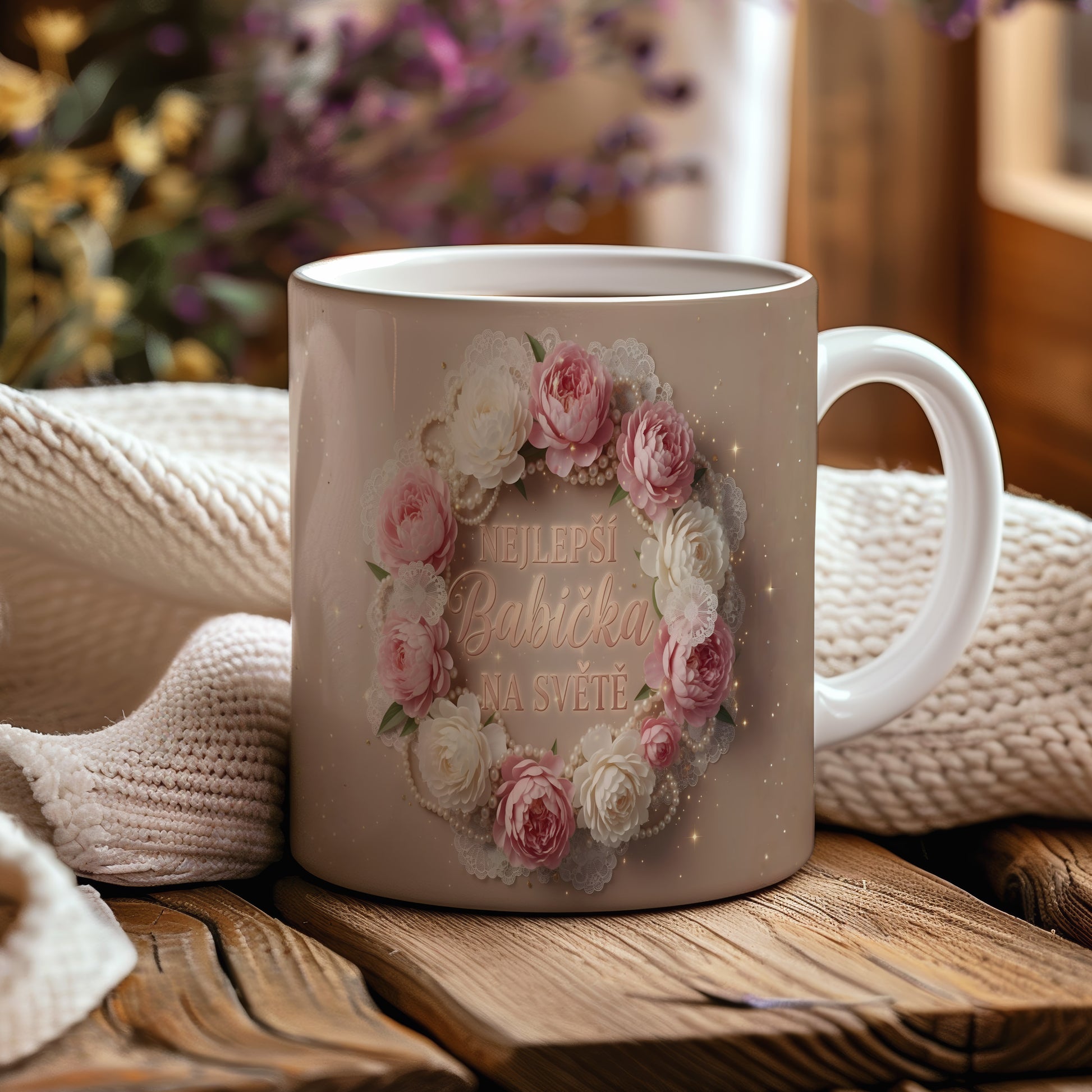 Hrnek s nápisem NEJLEPŠÍ BABIČKA NA SVĚTĚ a květinovým věncem.
