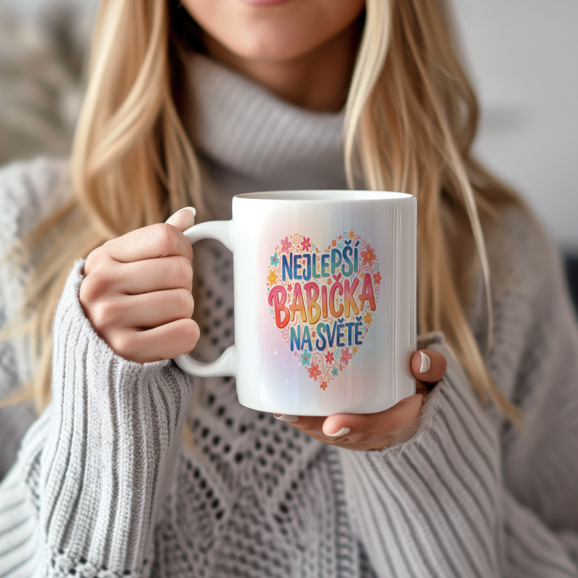Hrnek s nápisem NEJLEPŠÍ BABIČKA NA SVĚTĚ a pastelovými květinami.