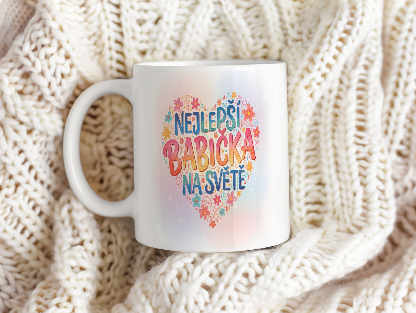 Hrnek s nápisem NEJLEPŠÍ BABIČKA NA SVĚTĚ a pastelovými květinami.