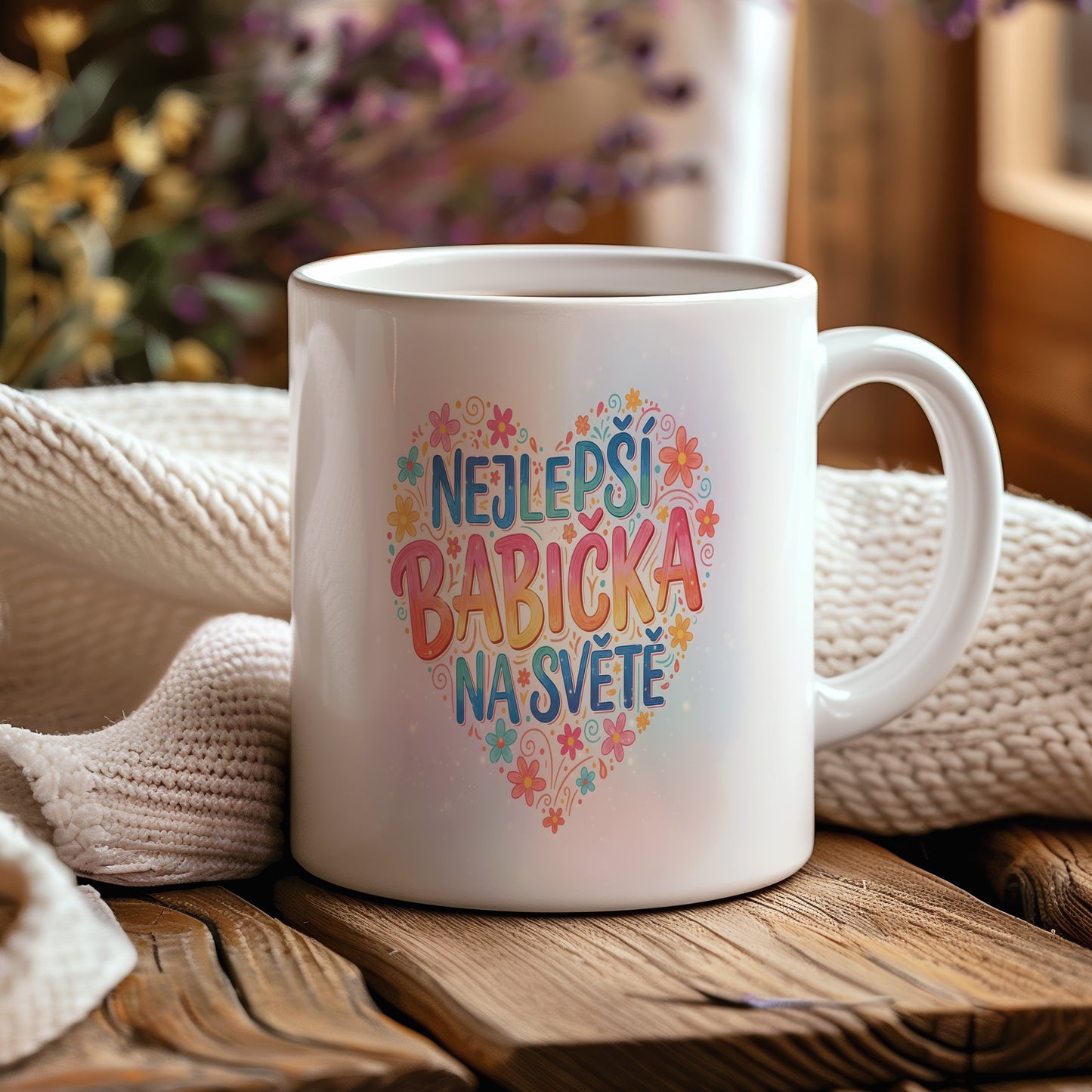 Hrnek s nápisem NEJLEPŠÍ BABIČKA NA SVĚTĚ a pastelovými květinami.
