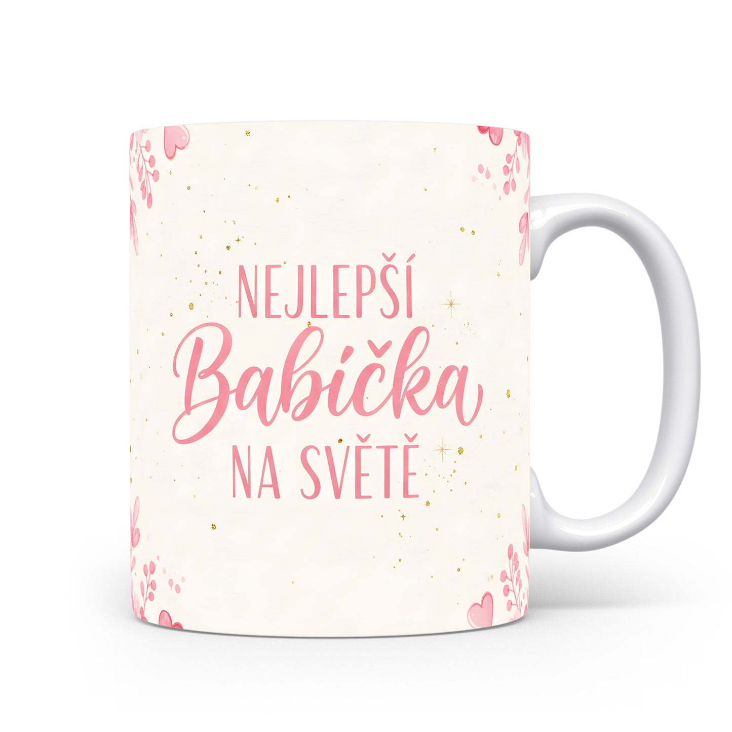 Hrnek s nápisem 'NEJLEPŠÍ BABIČKA NA SVĚTĚ' a růžovými srdci.