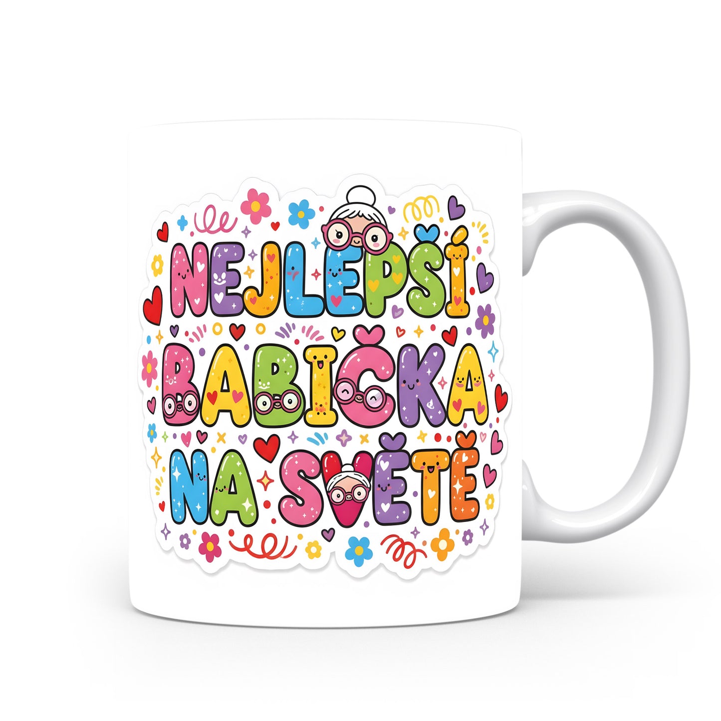 Hravý hrnek s barevnými srdci a květinami pro babičku.