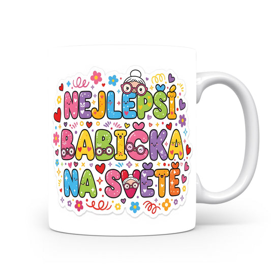 Hravý hrnek s barevnými srdci a květinami pro babičku.