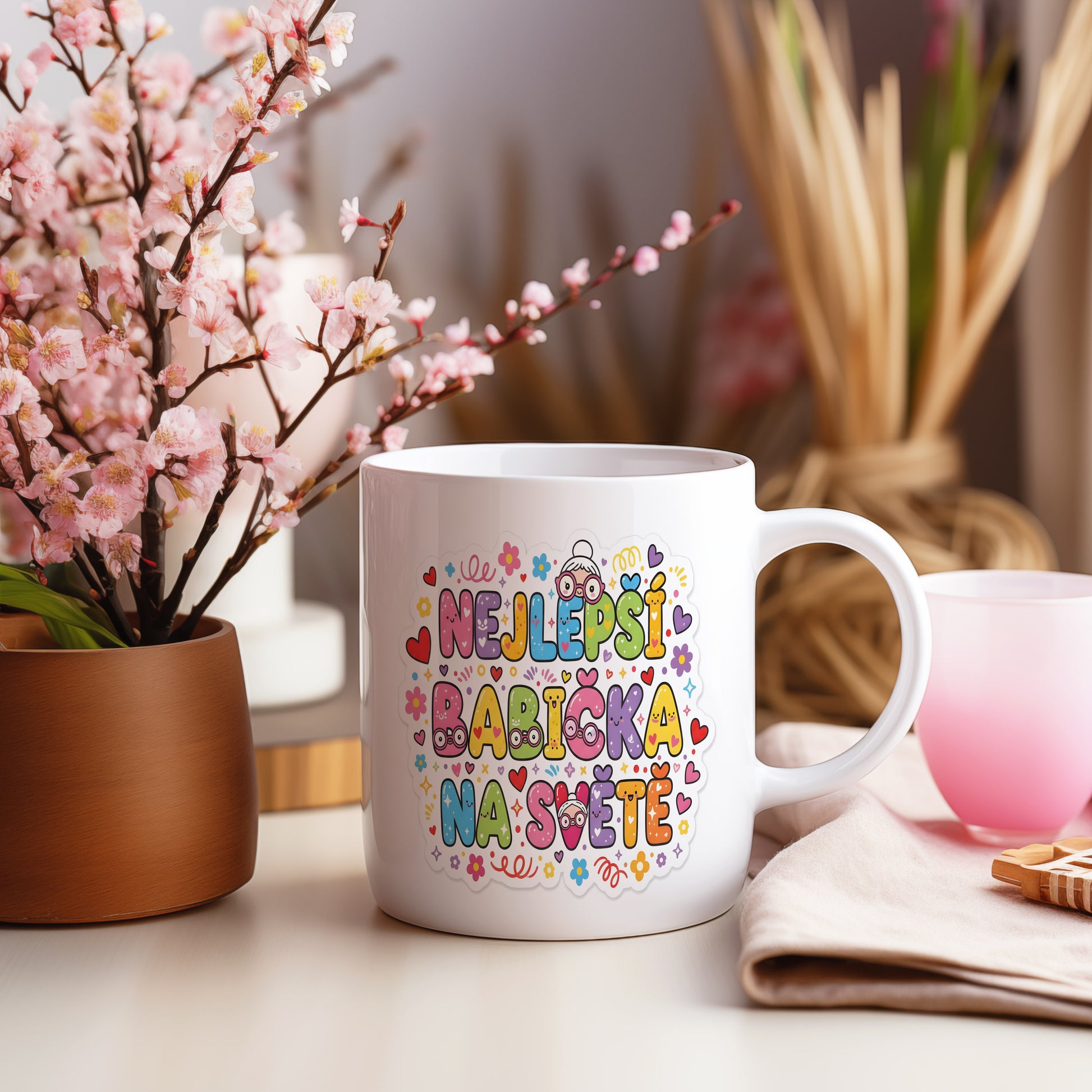Hravý hrnek s barevnými srdci a květinami pro babičku.