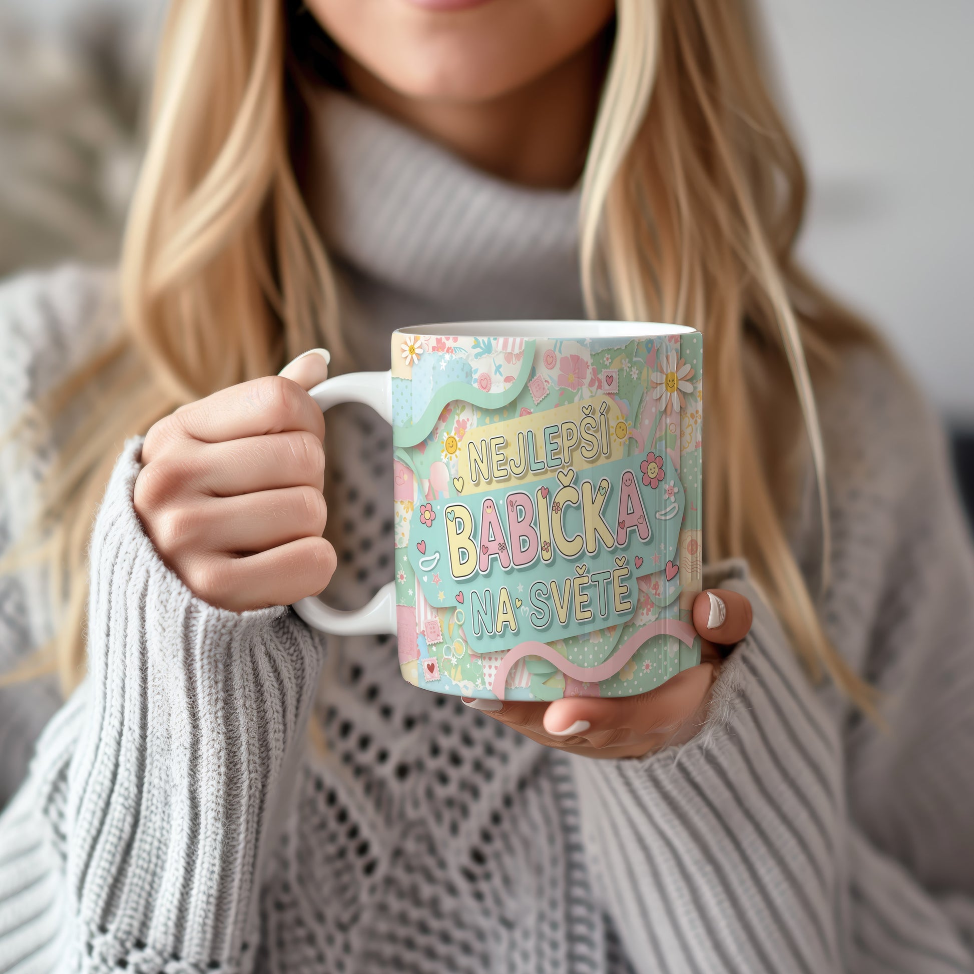Pastelový hrnek s nápisem NEJLEPŠÍ BABIČKA NA SVĚTĚ a květinovými motivy.