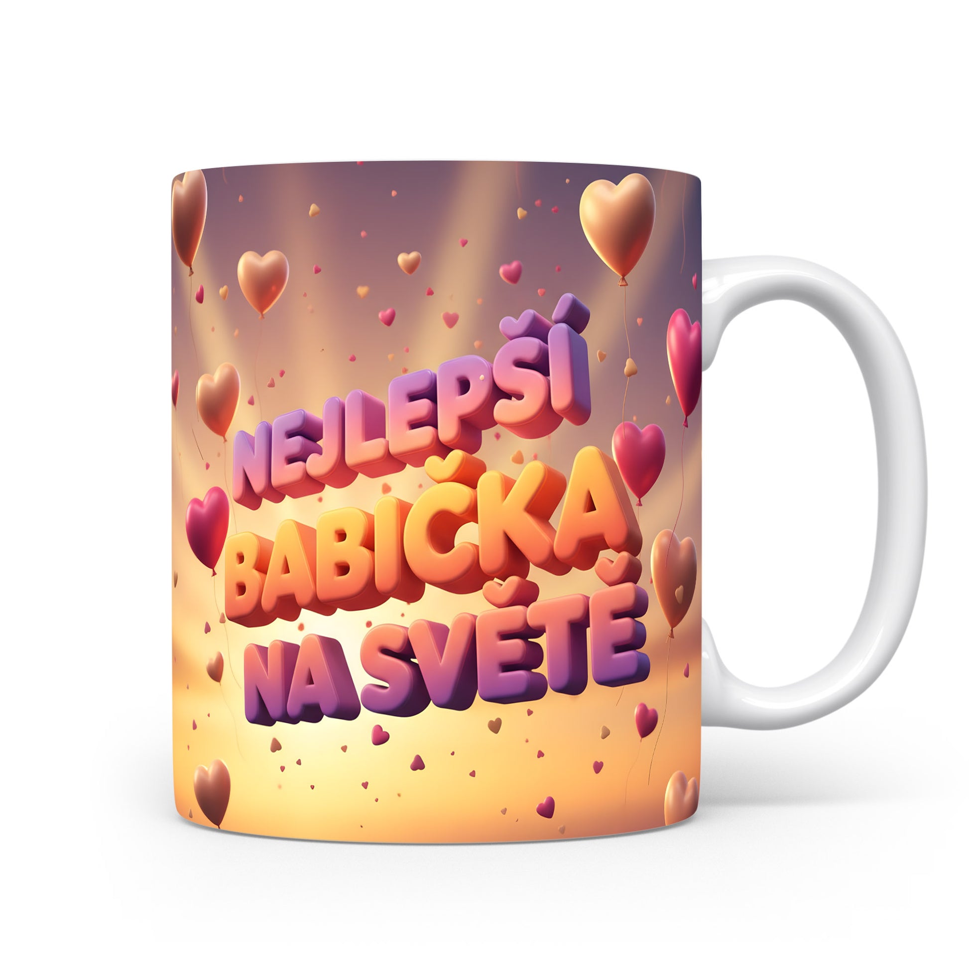 Hrnek s nápisem NEJLEPŠÍ BABIČKA NA SVĚTĚ a srdíčky na gradientním pozadí.