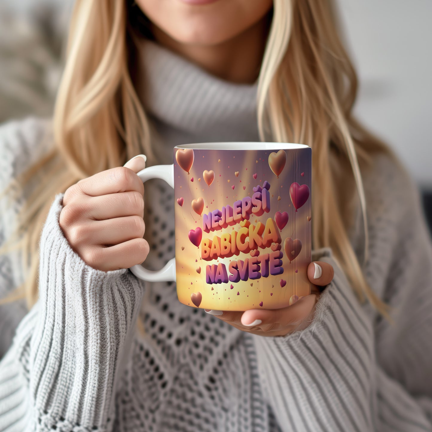 Hrnek s nápisem NEJLEPŠÍ BABIČKA NA SVĚTĚ a srdíčky na gradientním pozadí.