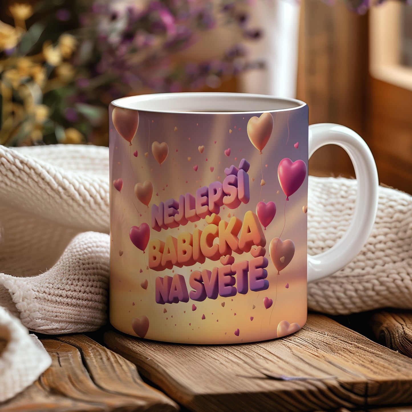 Hrnek s nápisem NEJLEPŠÍ BABIČKA NA SVĚTĚ a srdíčky na gradientním pozadí.