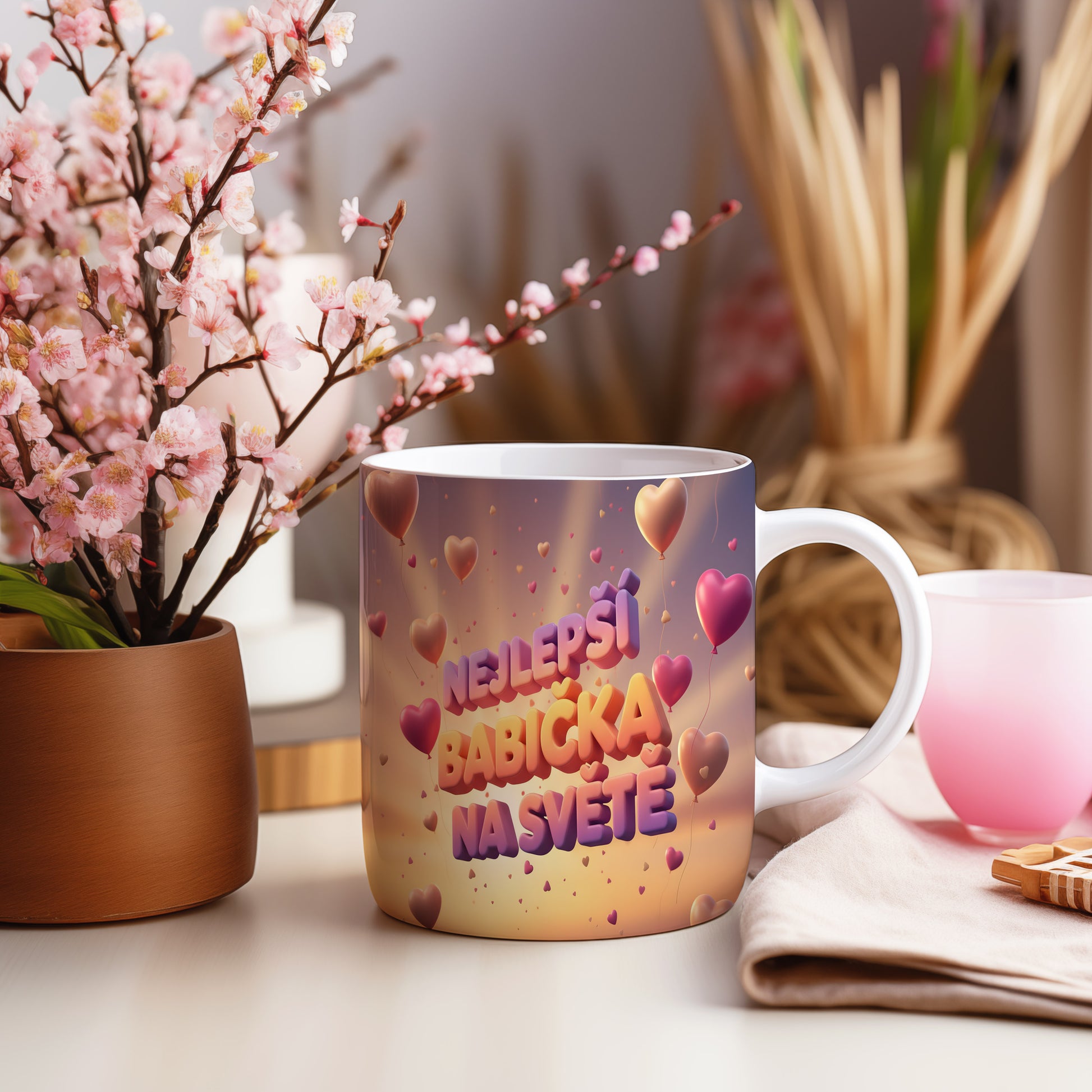Hrnek s nápisem NEJLEPŠÍ BABIČKA NA SVĚTĚ a srdíčky na gradientním pozadí.