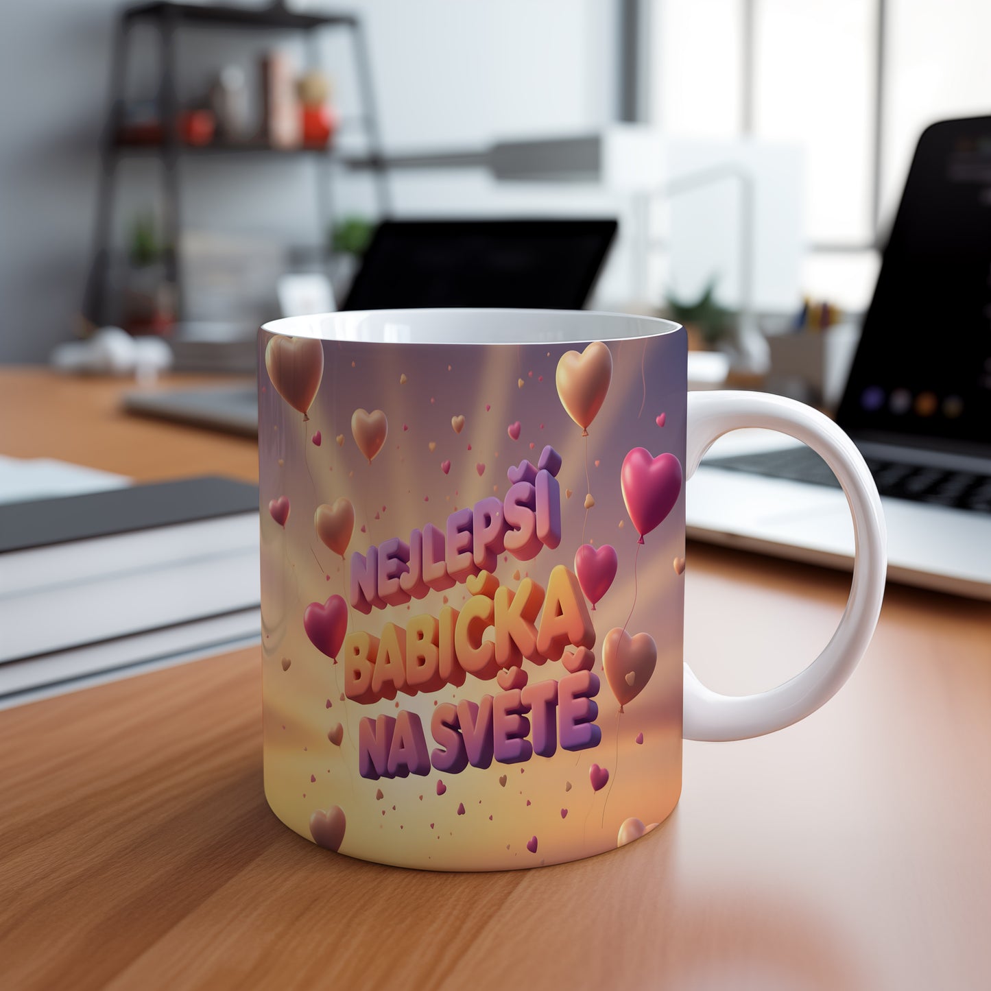 Hrnek s nápisem NEJLEPŠÍ BABIČKA NA SVĚTĚ a srdíčky na gradientním pozadí.