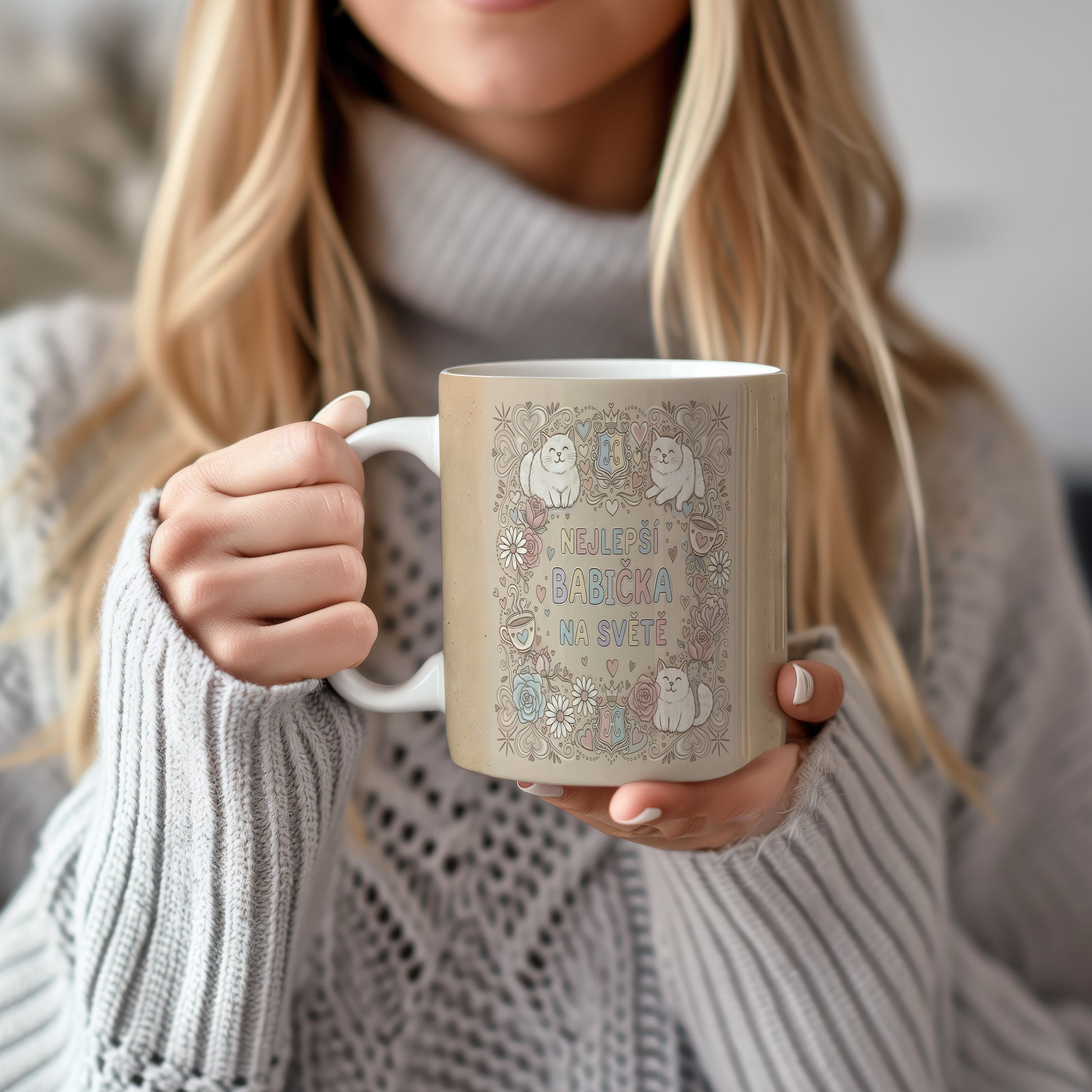 Hrnek s nápisem 'NEJLEPŠÍ BABIČKA NA SVĚTĚ', kočkami a květinami v pastelových barvách.
