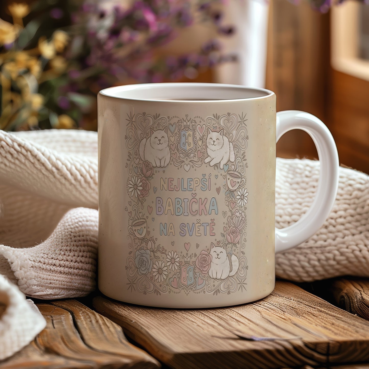 Hrnek s nápisem 'NEJLEPŠÍ BABIČKA NA SVĚTĚ', kočkami a květinami v pastelových barvách.