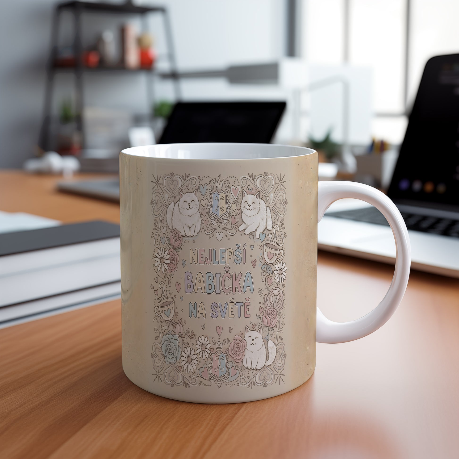 Hrnek s nápisem 'NEJLEPŠÍ BABIČKA NA SVĚTĚ', kočkami a květinami v pastelových barvách.