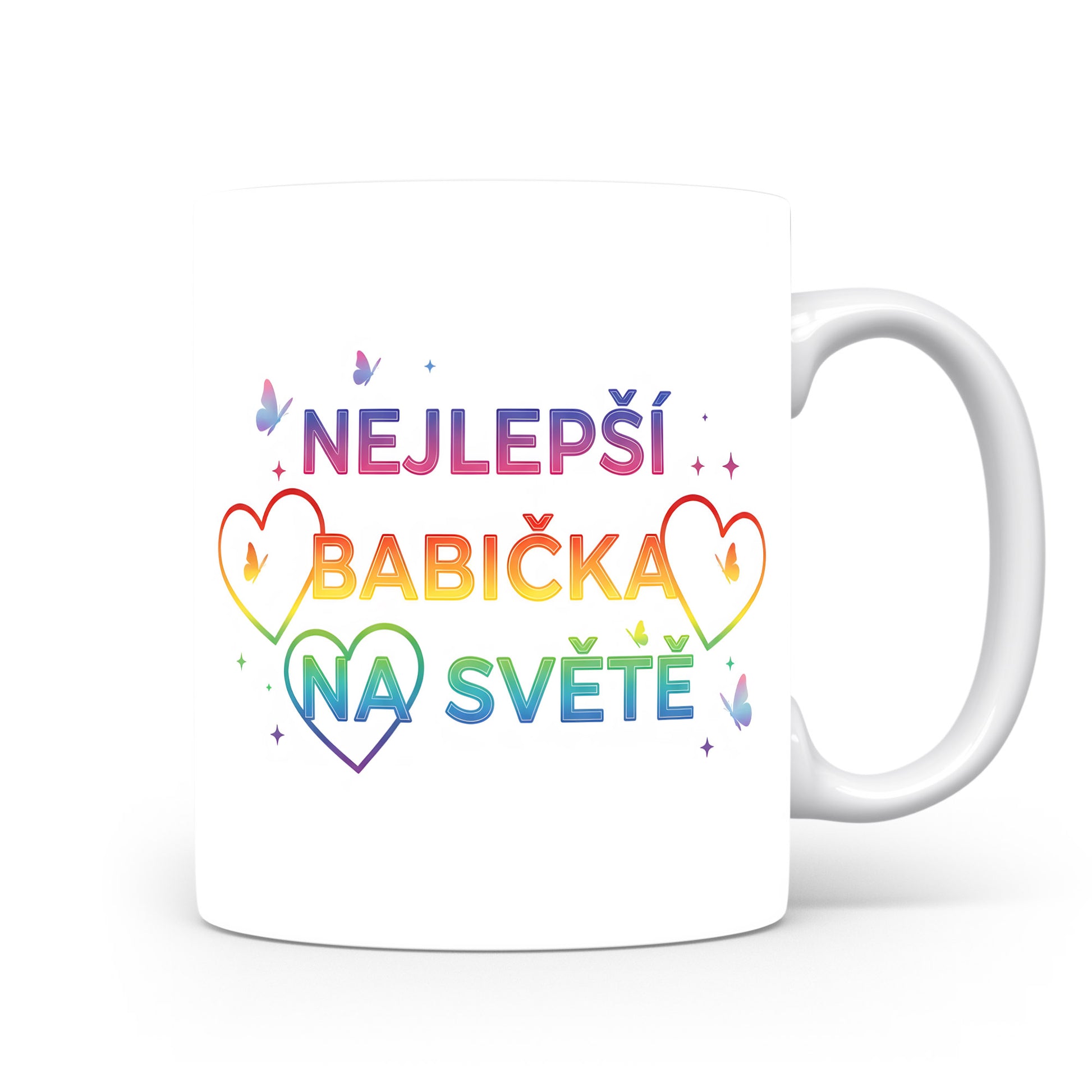 Hrnek s duhovými nápisy a motivy srdcí a motýlků.