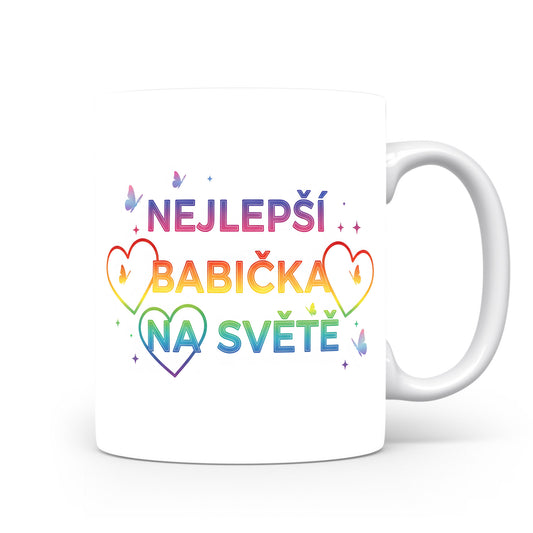 Hrnek s duhovými nápisy a motivy srdcí a motýlků.