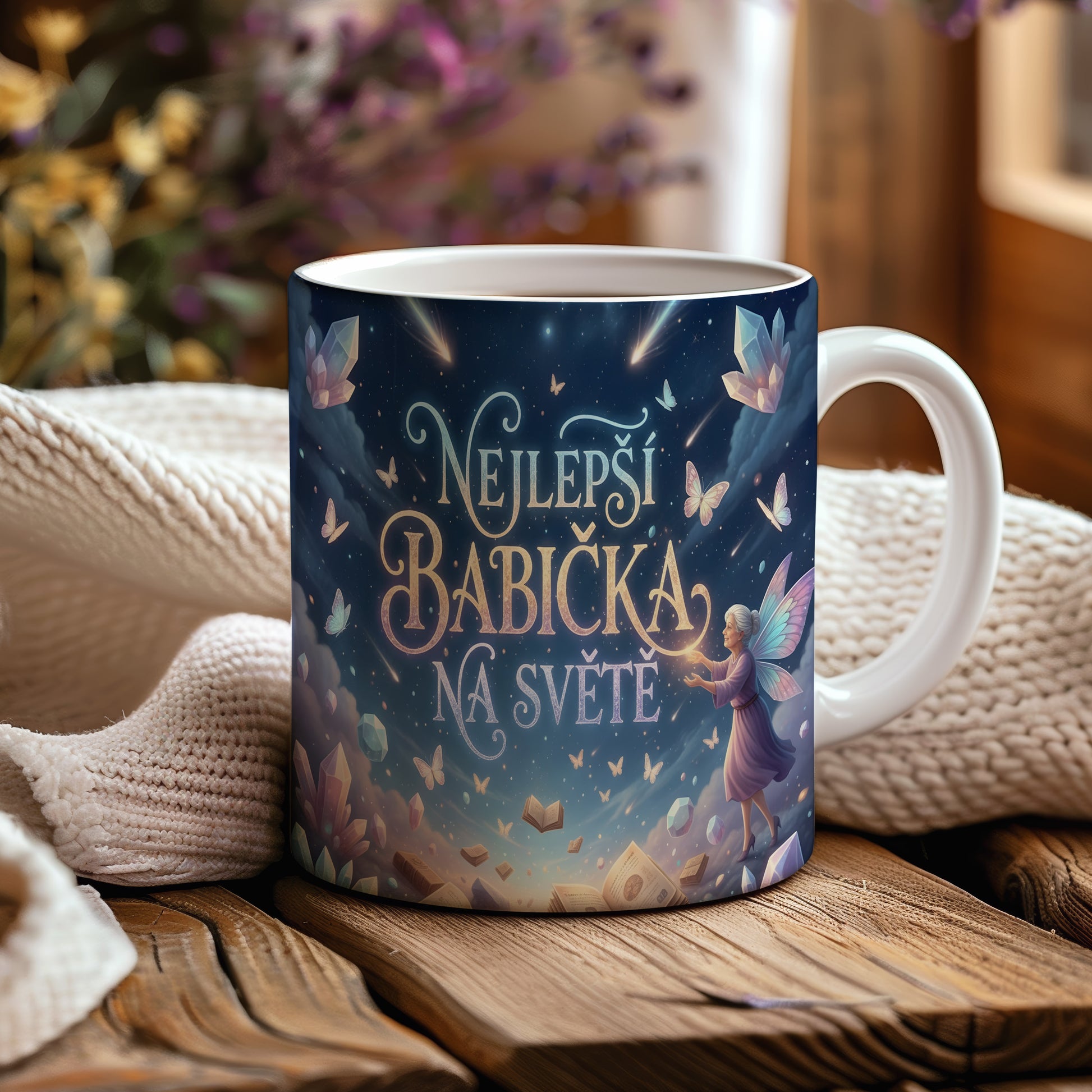 Hrnek s pohádkovým motivem motýlů, krystalů a knih na hvězdné obloze.