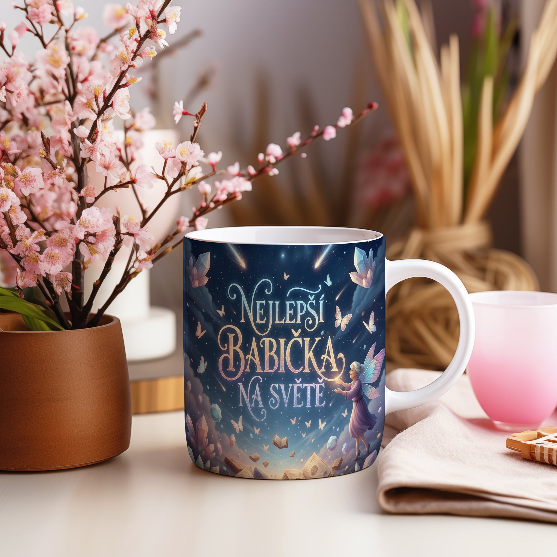 Hrnek s pohádkovým motivem motýlů, krystalů a knih na hvězdné obloze.