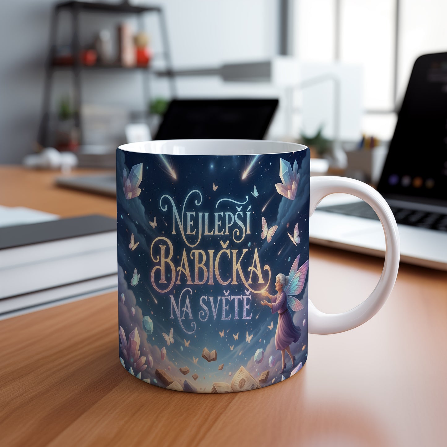 Hrnek s pohádkovým motivem motýlů, krystalů a knih na hvězdné obloze.