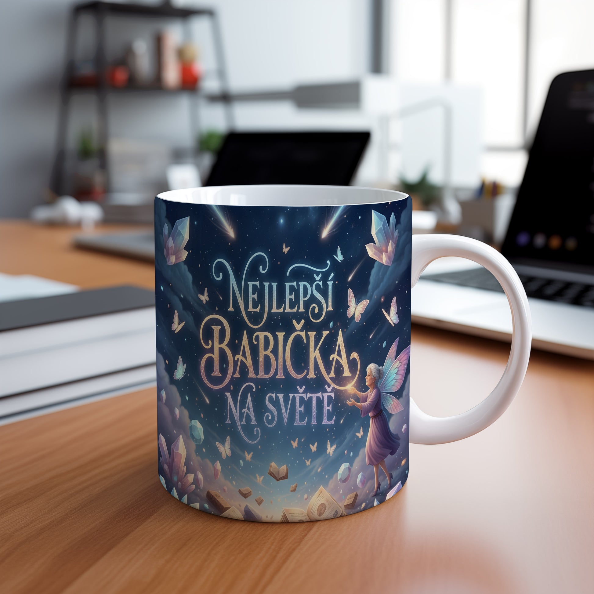 Hrnek s pohádkovým motivem motýlů, krystalů a knih na hvězdné obloze.