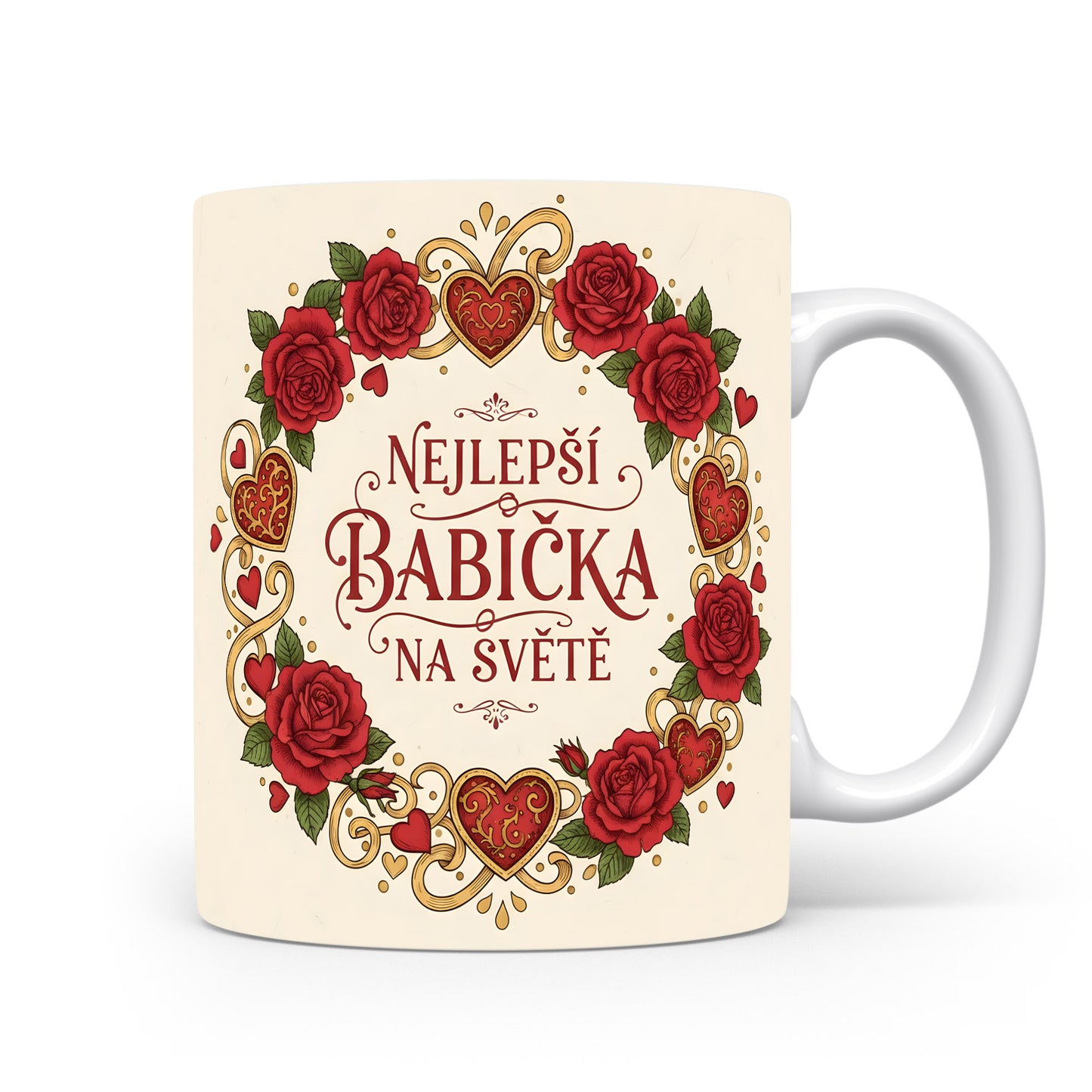 Hrnek s červenými růžemi a zlatými srdci pro nejlepší babičku na světě.