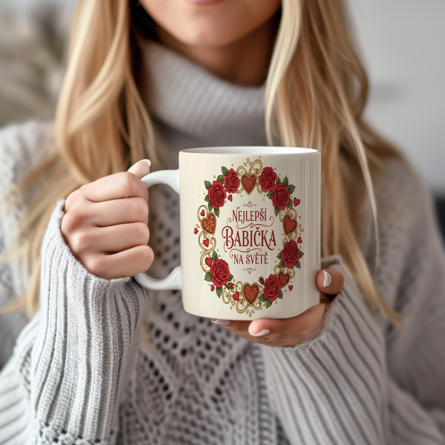 Hrnek s červenými růžemi a zlatými srdci pro nejlepší babičku na světě.
