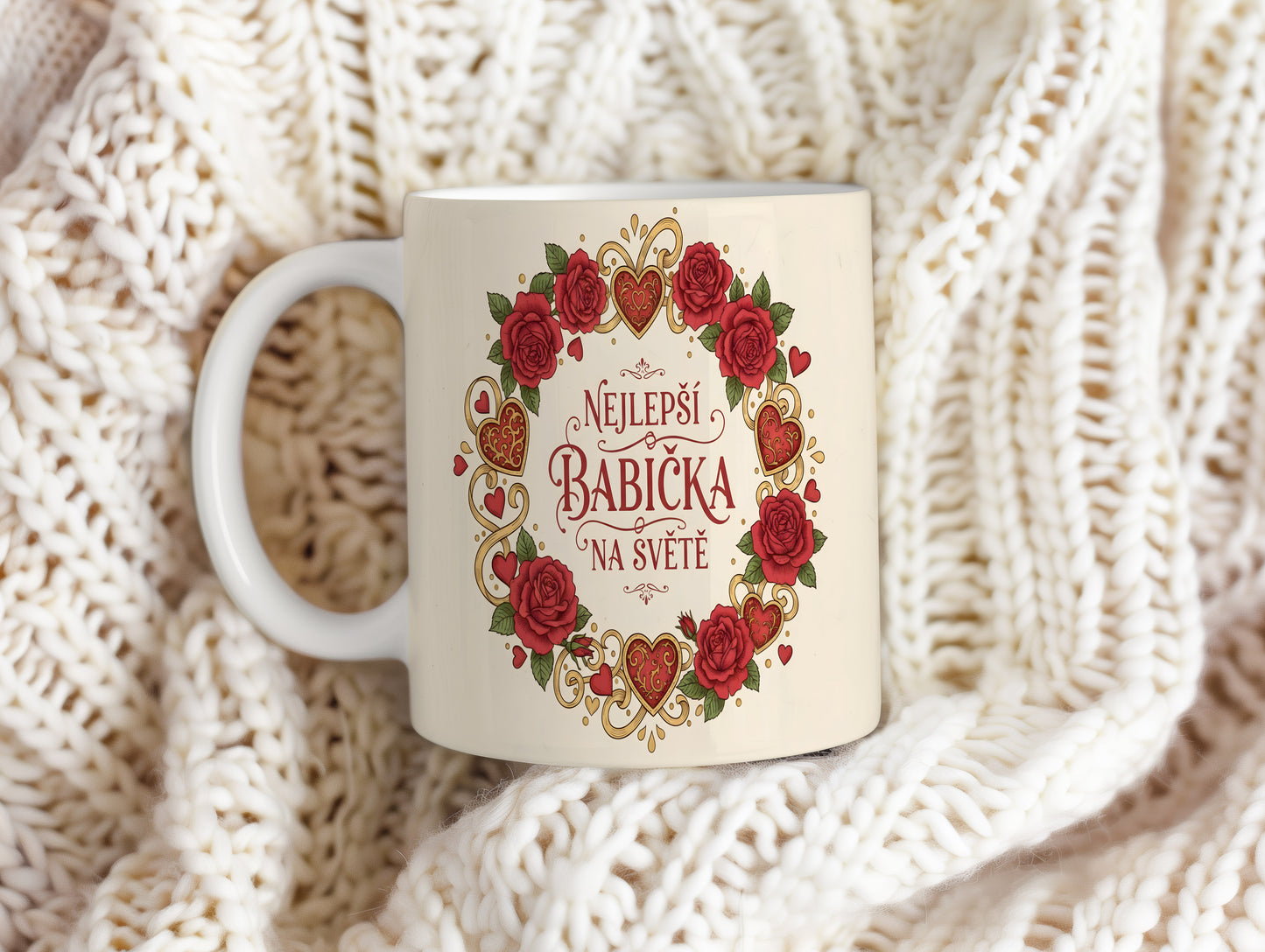 Hrnek s červenými růžemi a zlatými srdci pro nejlepší babičku na světě.