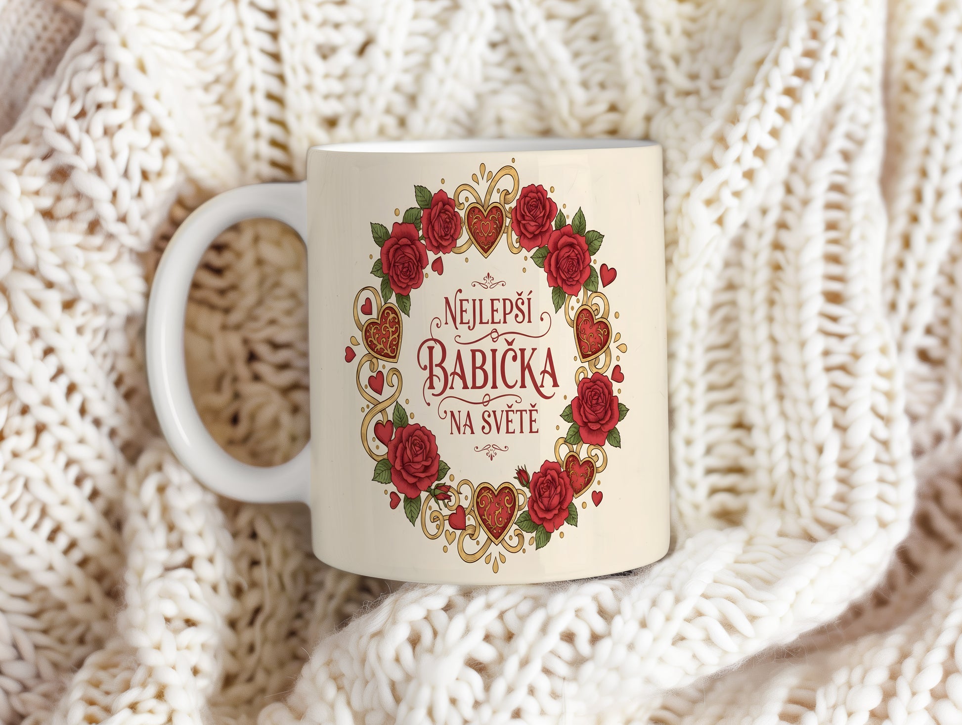 Hrnek s červenými růžemi a zlatými srdci pro nejlepší babičku na světě.