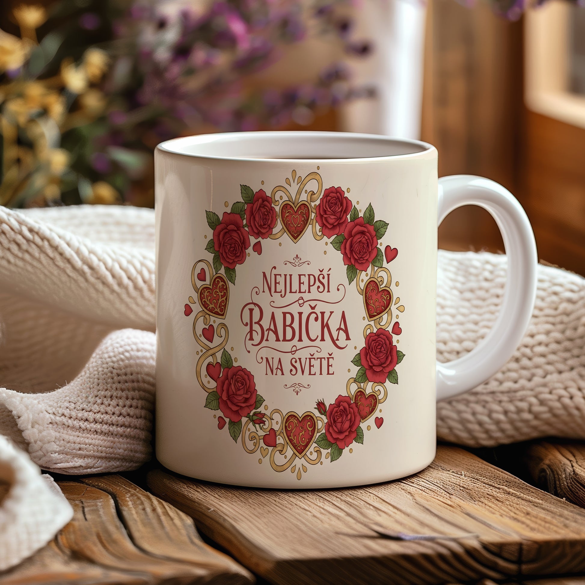 Hrnek s červenými růžemi a zlatými srdci pro nejlepší babičku na světě.
