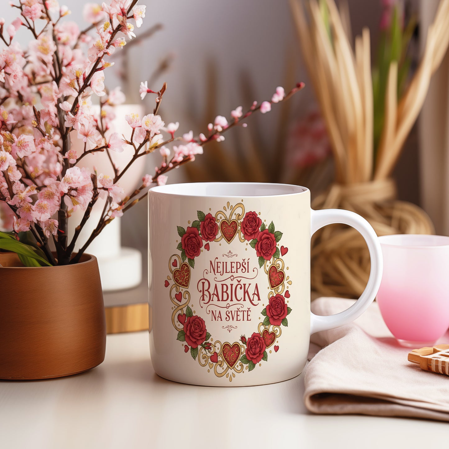 Hrnek s červenými růžemi a zlatými srdci pro nejlepší babičku na světě.